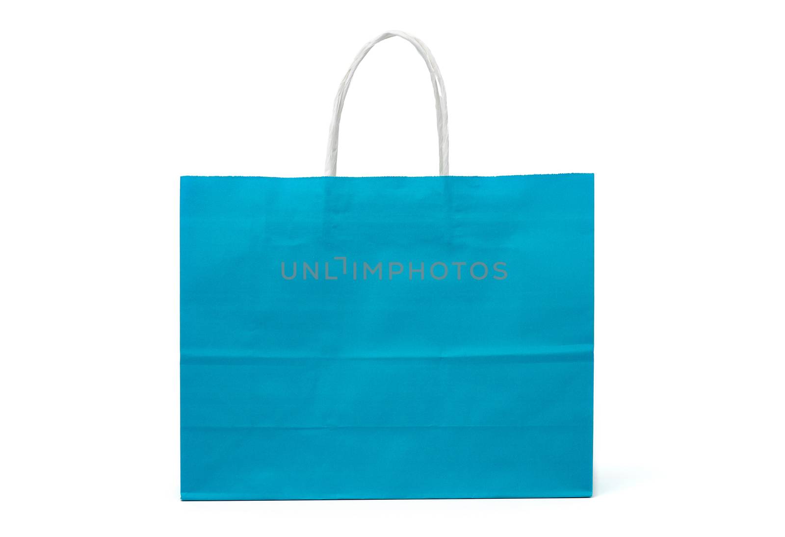 paper blue bag with white handles for shopping and gifts isolated on white background