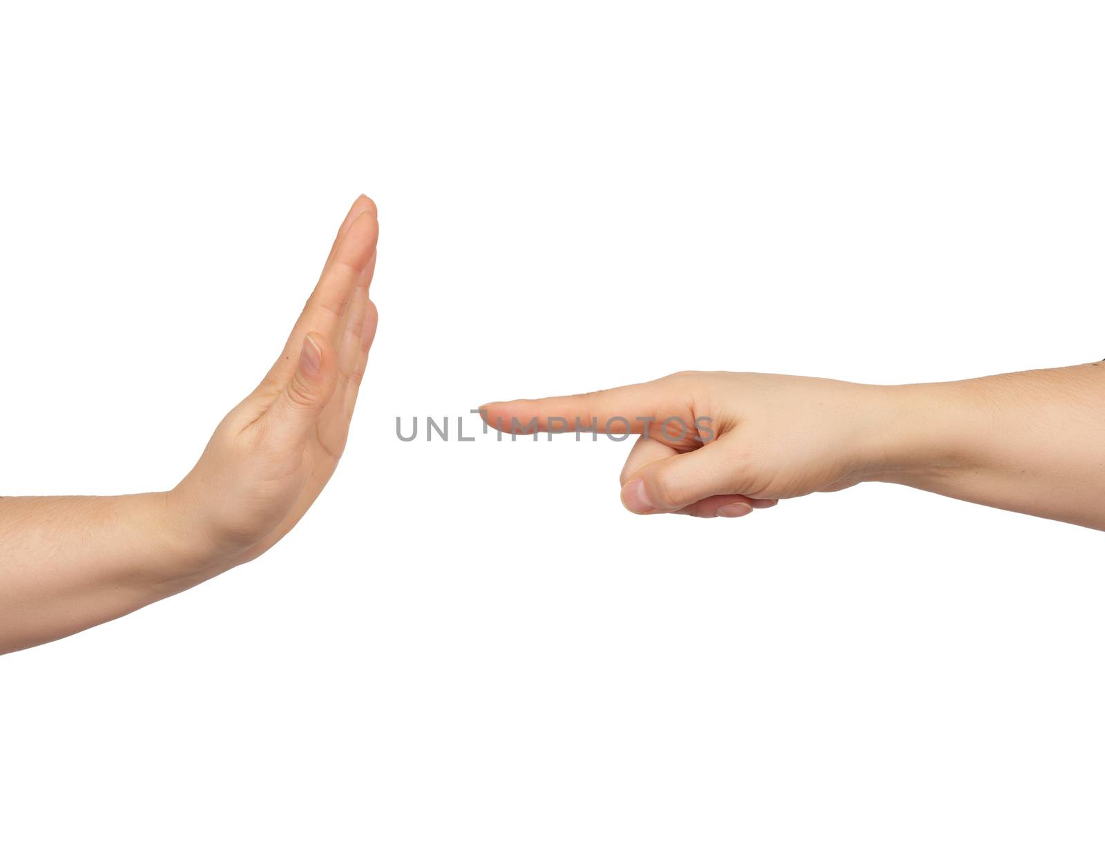 female hand holds pointing with index finger, opposite the hand shows a gesture of stop, the concept of quarrel and clarification of relations
