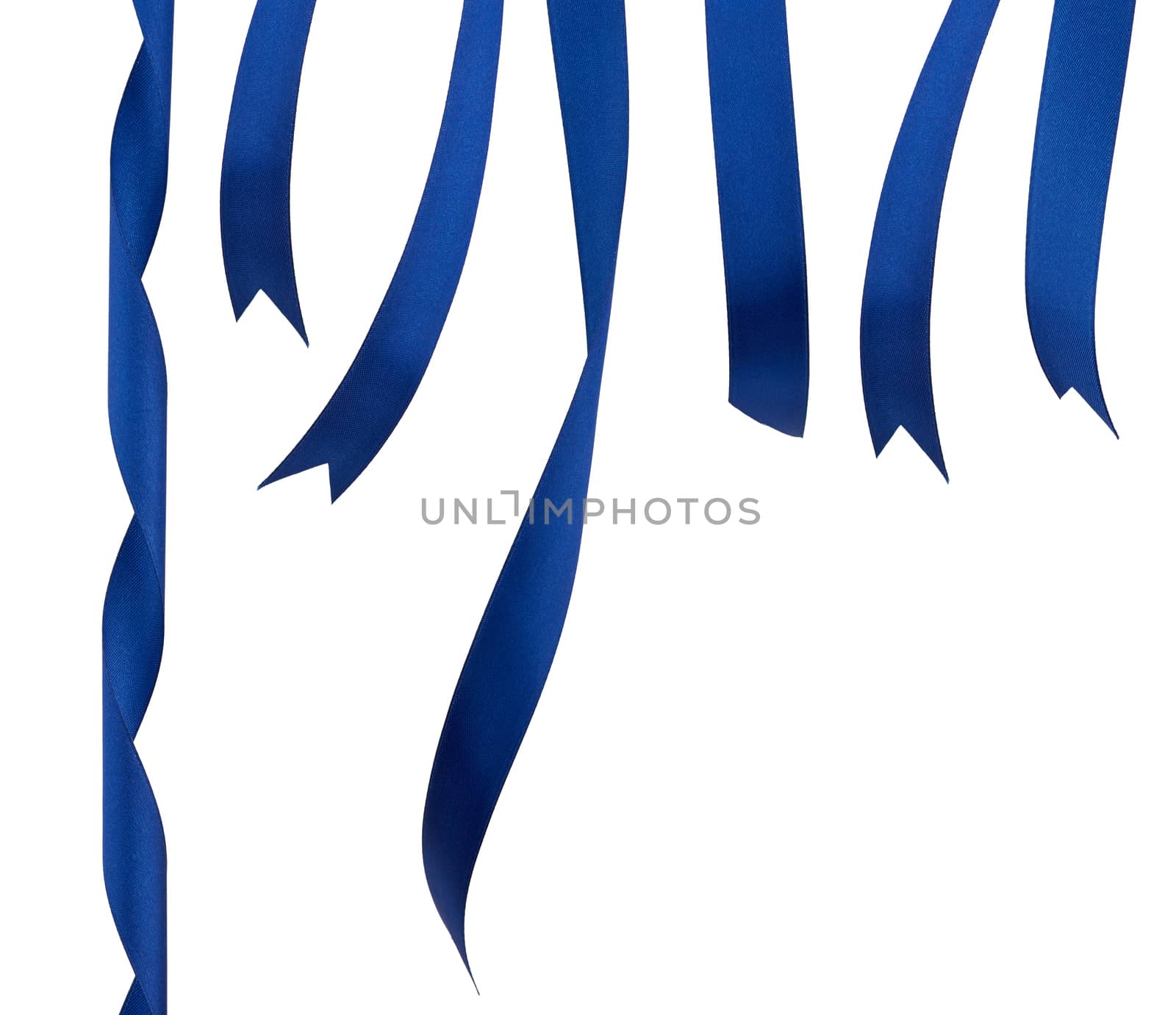 different ends of blue silk ribbon isolated on white background, close up