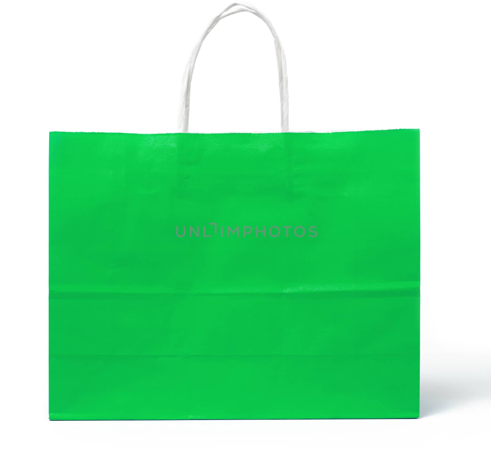 paper green bag with white handles for shopping and gifts isolated on white background