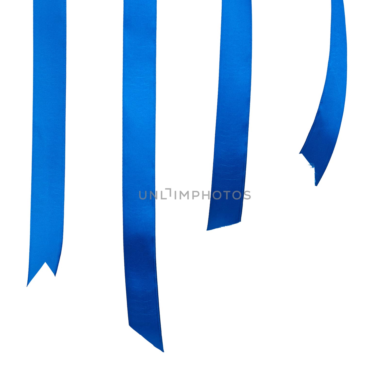 different ends of blue silk ribbon isolated on white background, element for designer
