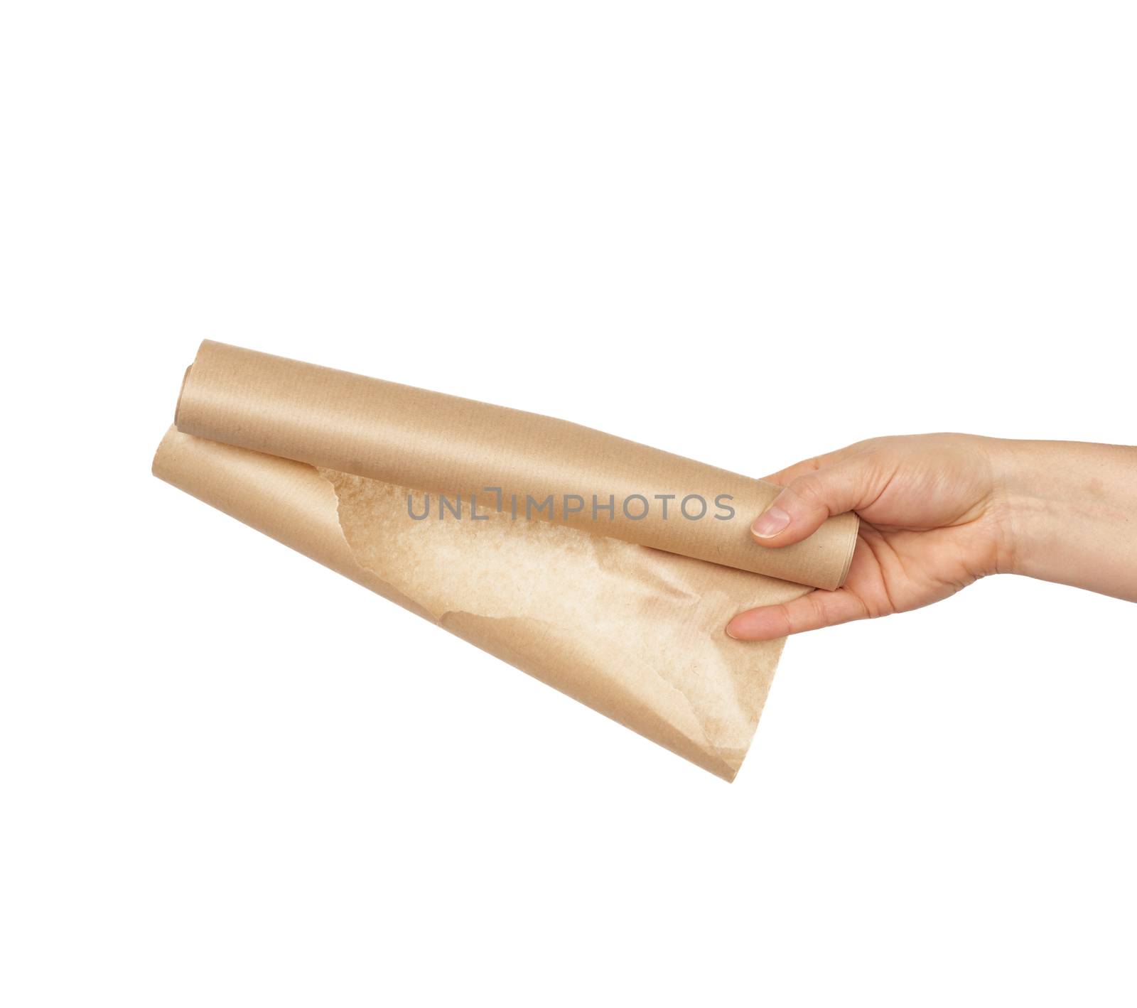 roll of brown parchment paper for baking food in female hand, white background, close up