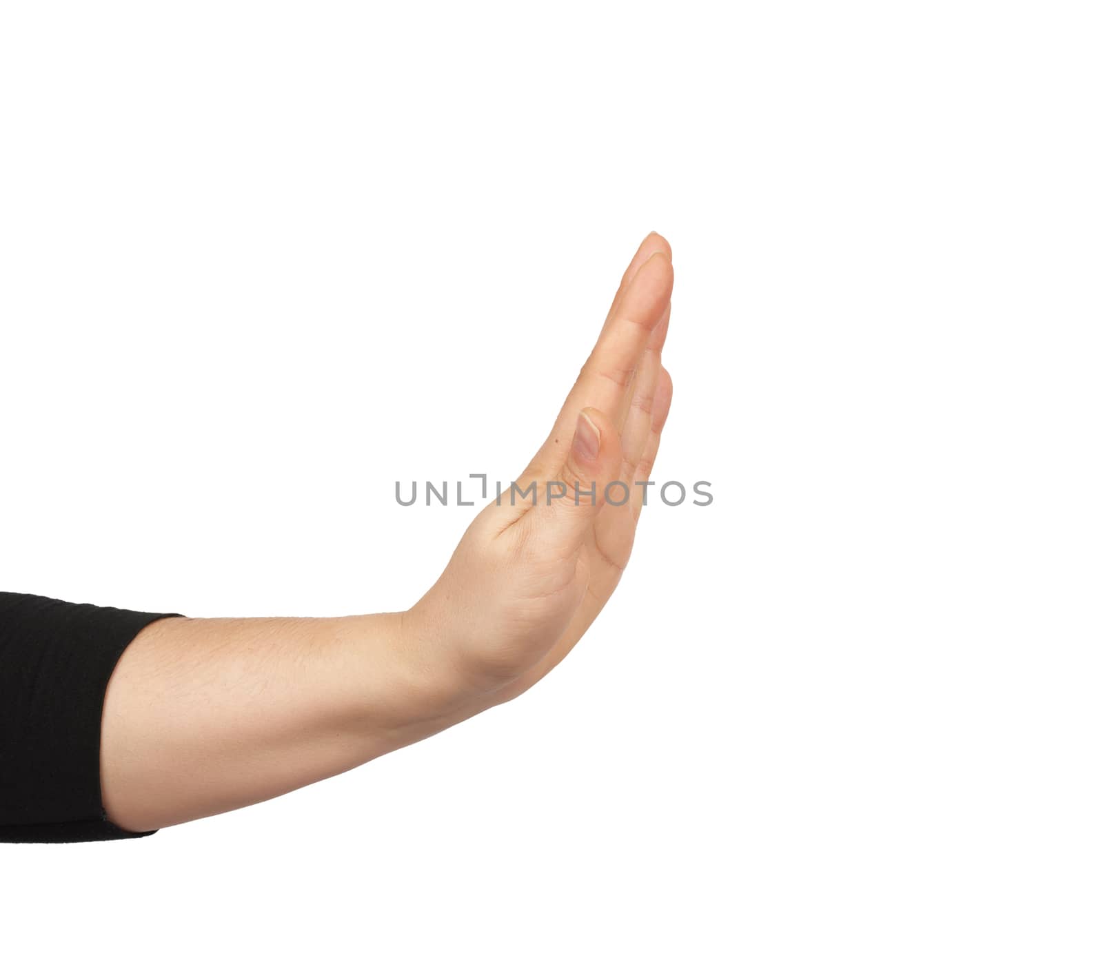 hand shows stop gesture on a white background, close up
