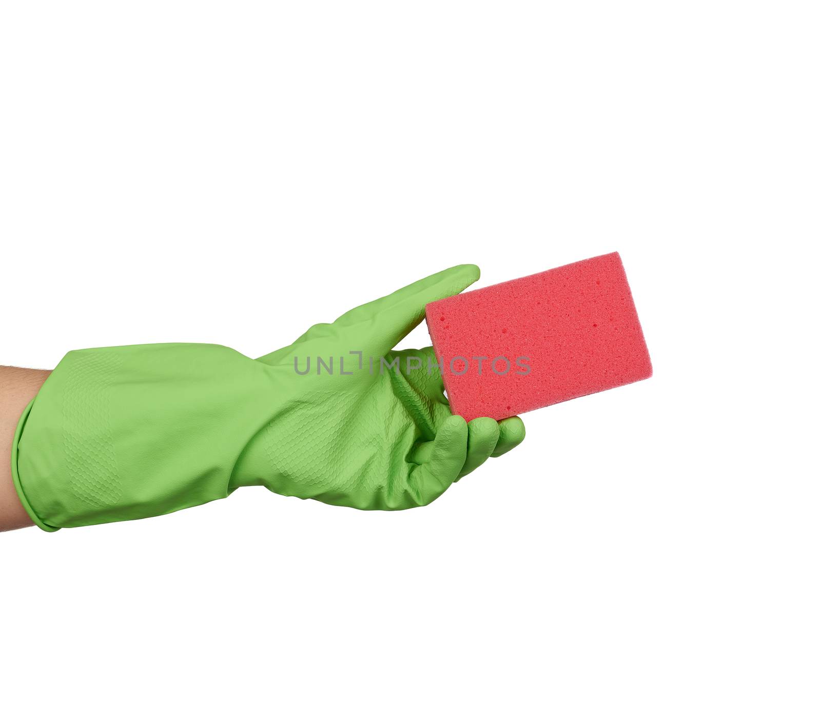 hand holds red sponge for washing dishes, part of body is isolated on white background