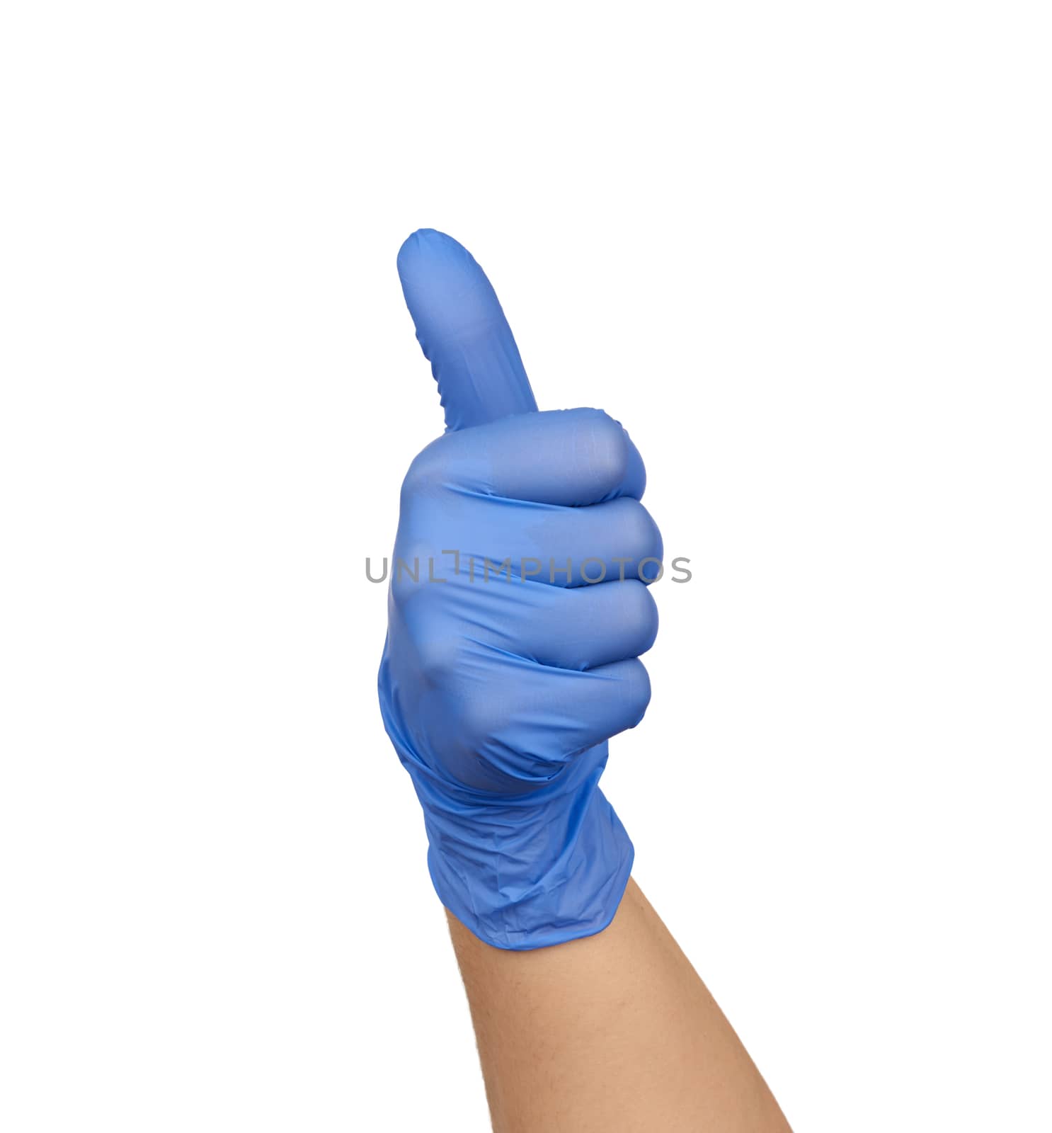 female hand in blue medical glove shows right-handed gesture like on a white isolated background, concept of recommendation and approval