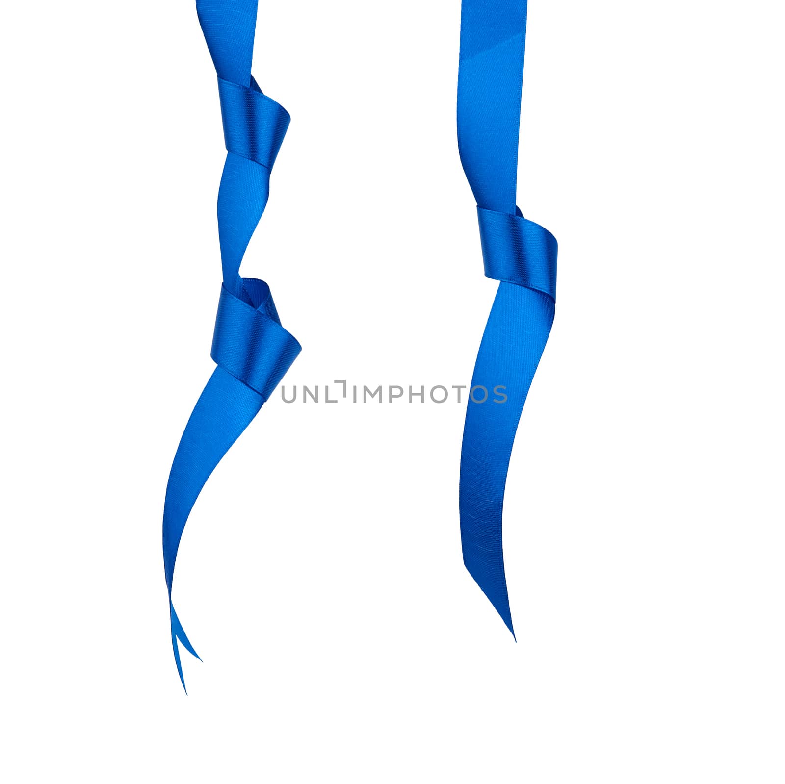 dark blue silk ribbon hanging with a knotted and isolated on a white background, element for the designer