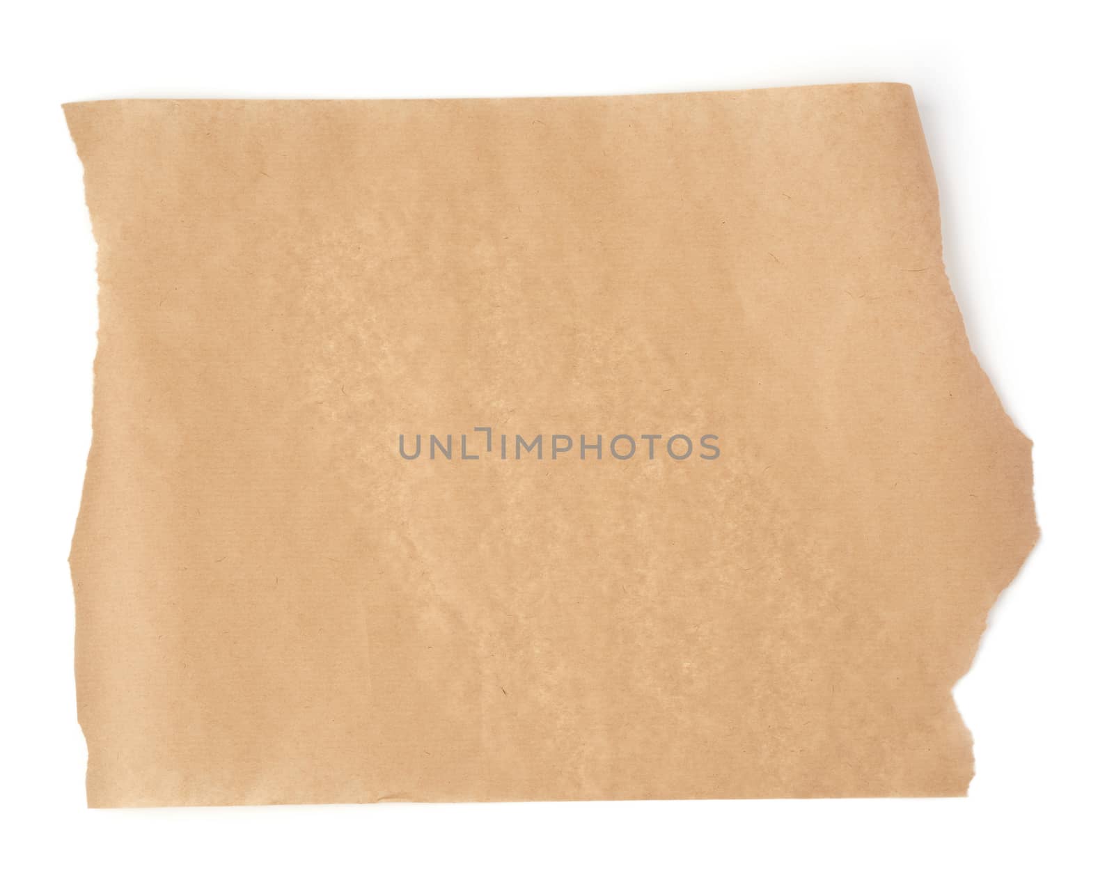 piece of brown parchment paper with torn edges isolated on a white background, place for an inscription, element for a designer