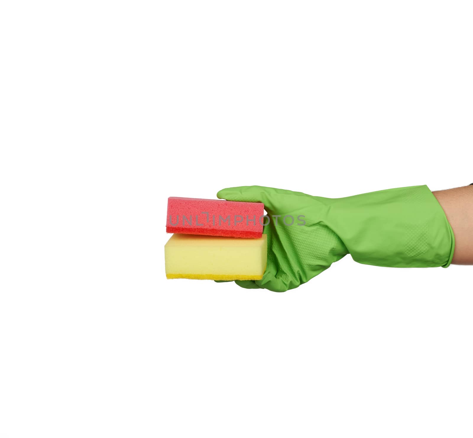 wearing a green glove for cleaning and washing dishes, kitchen sponges in the palm of your hand, part of the body isolated on a white background