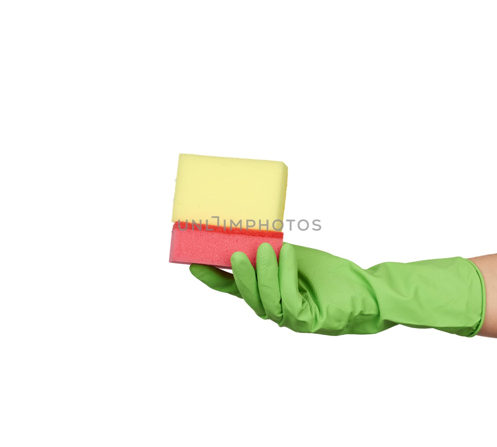 wearing a green glove for cleaning and washing dishes, red and yellow kitchen sponges  lies in the palm of your hand, part of the body is isolated on a white background
