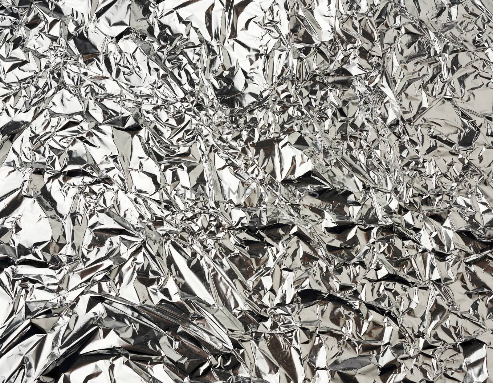 texture of shiny crumpled piece of gray foil, packaging material for food and objects, full frame