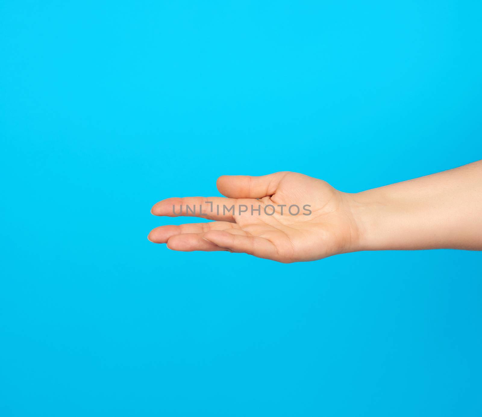 hand reaches to the side, gesture that shows holding the item in the palm, blue background