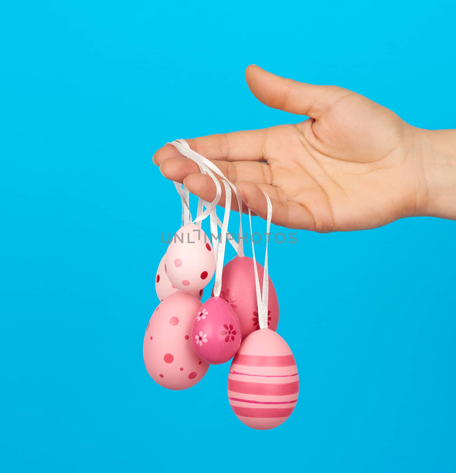 female hand holds easter colored pink eggs on a rope, blue background