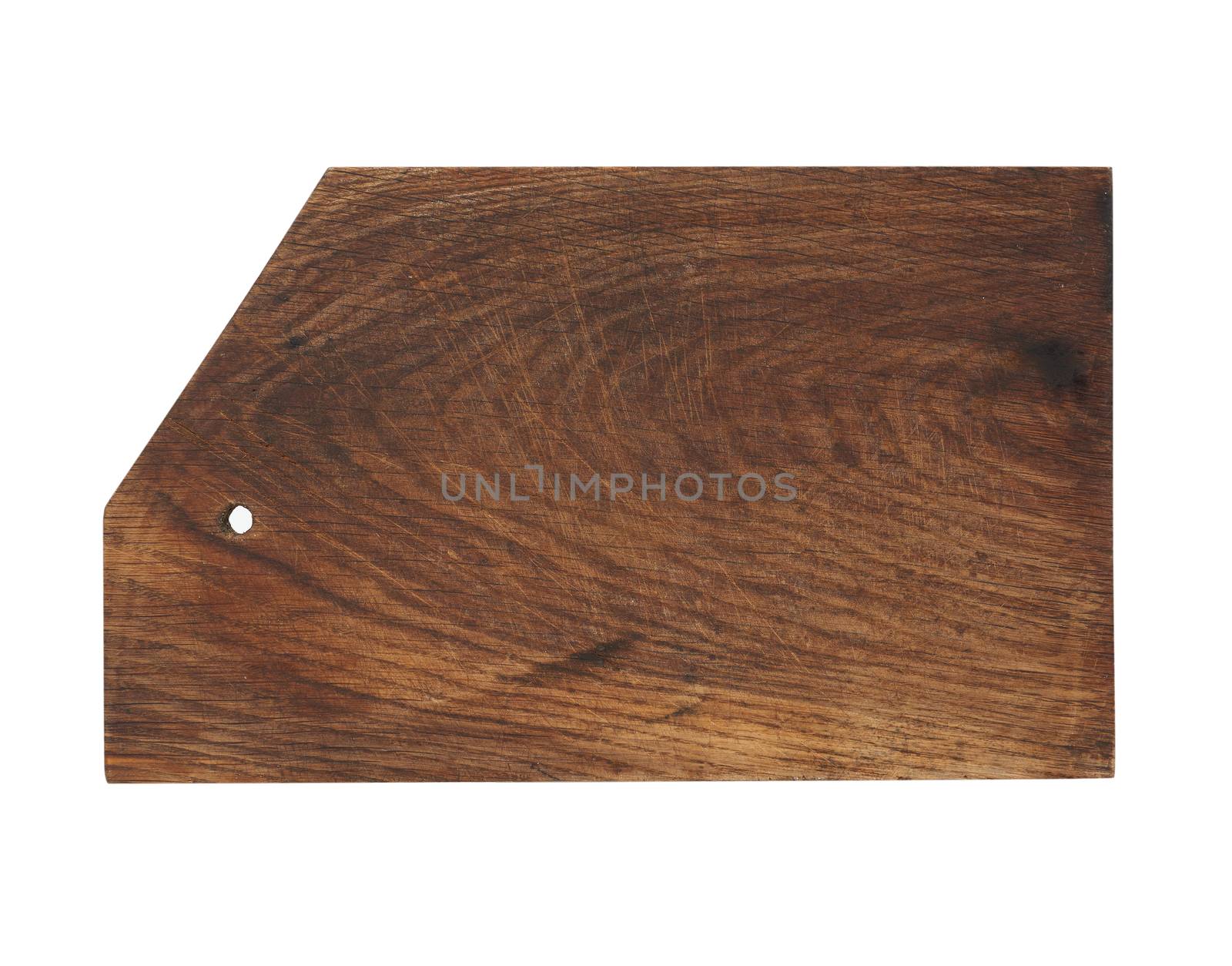 very old brown rectangular wooden kitchen cutting board, utensils isolated on a white background