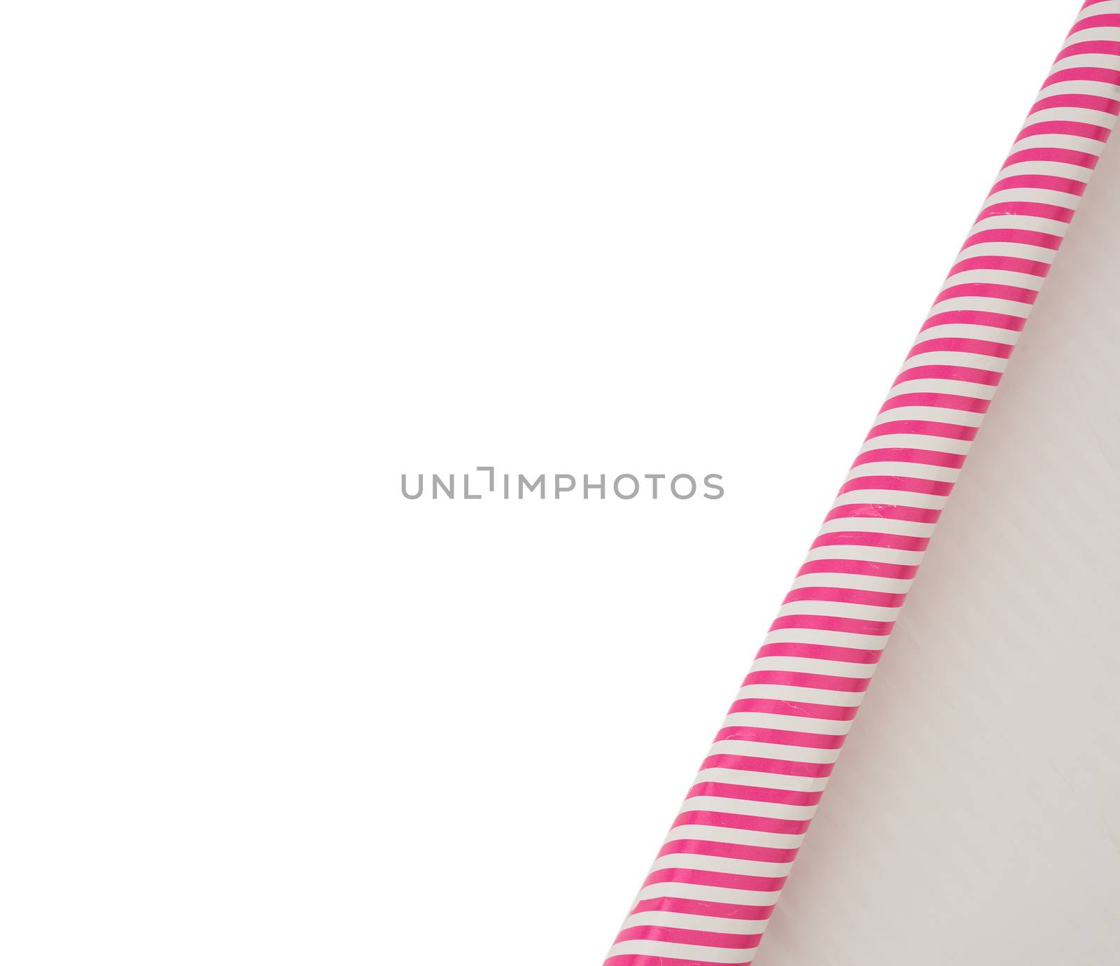 curved edge of a pink paper sheet is isolated on a white background, place for an inscription
