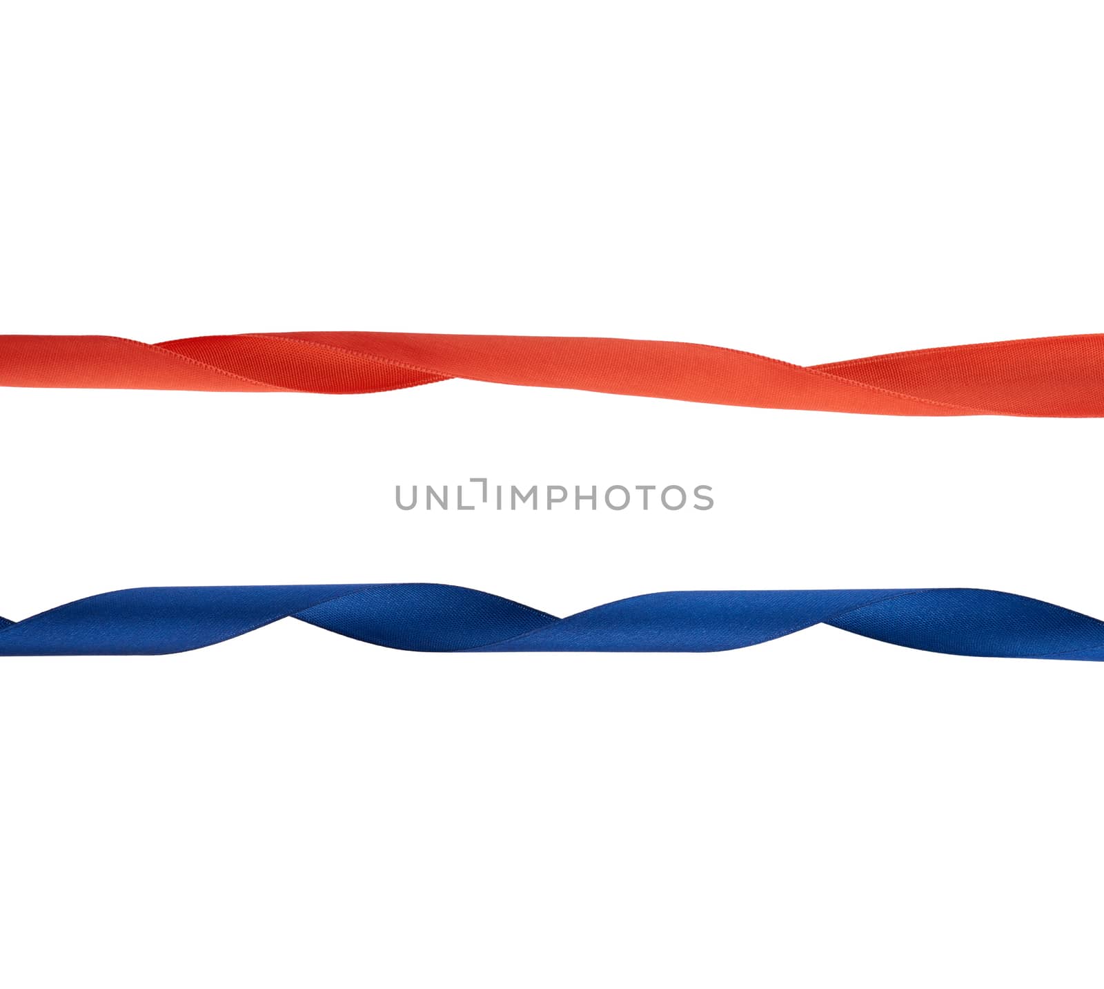 twisted end of red and blue ribbon isolated on white background, element for designer
