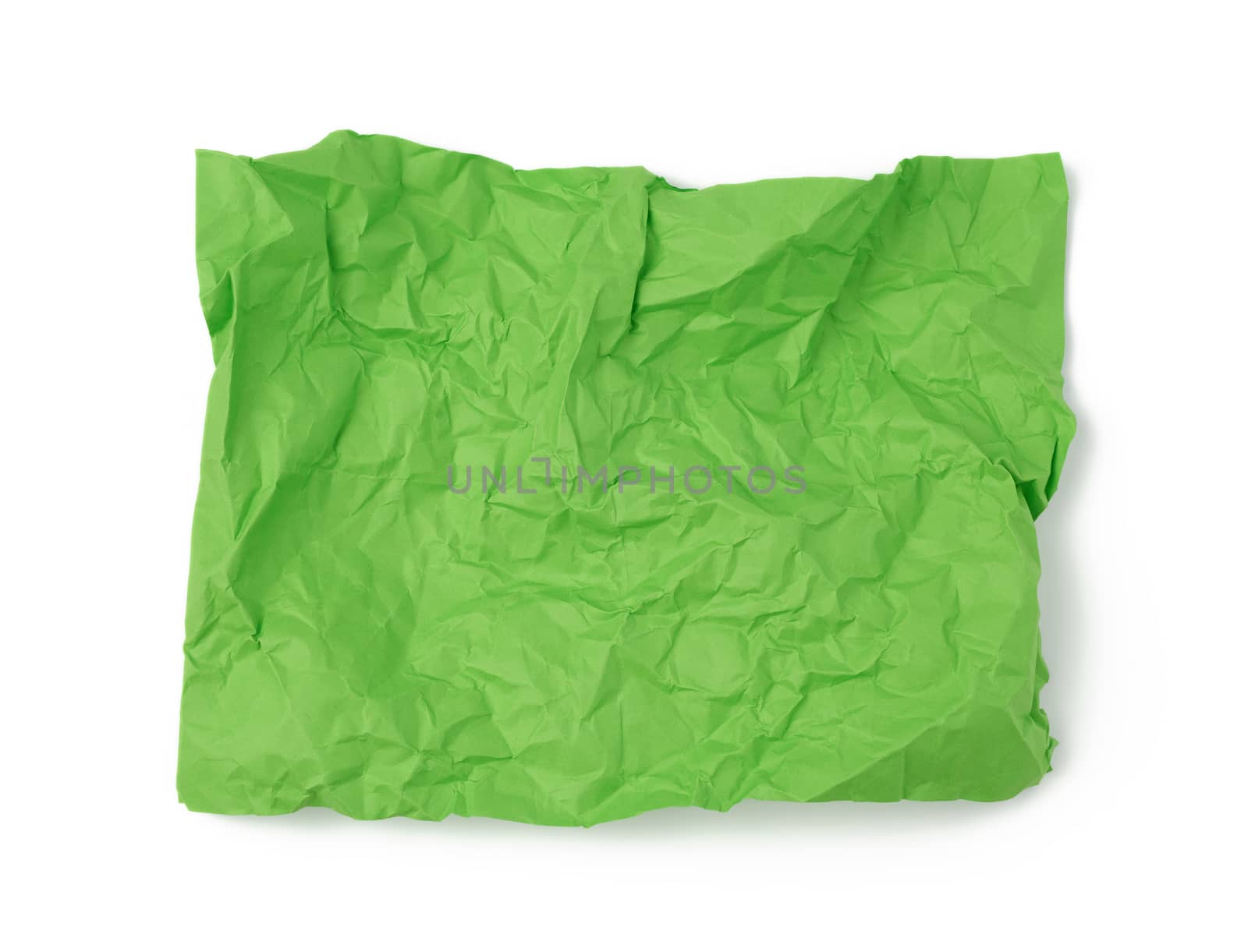 empty crumpled green rectangular sheet of paper a4 on a white background, copy space