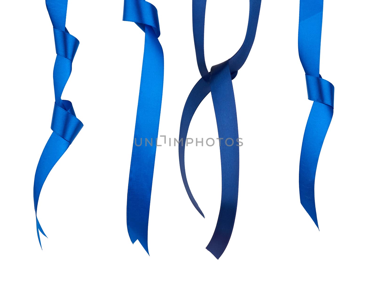 blue and dark blue silk ribbon hanging with a knotted and isolated on a white background, element for the designer