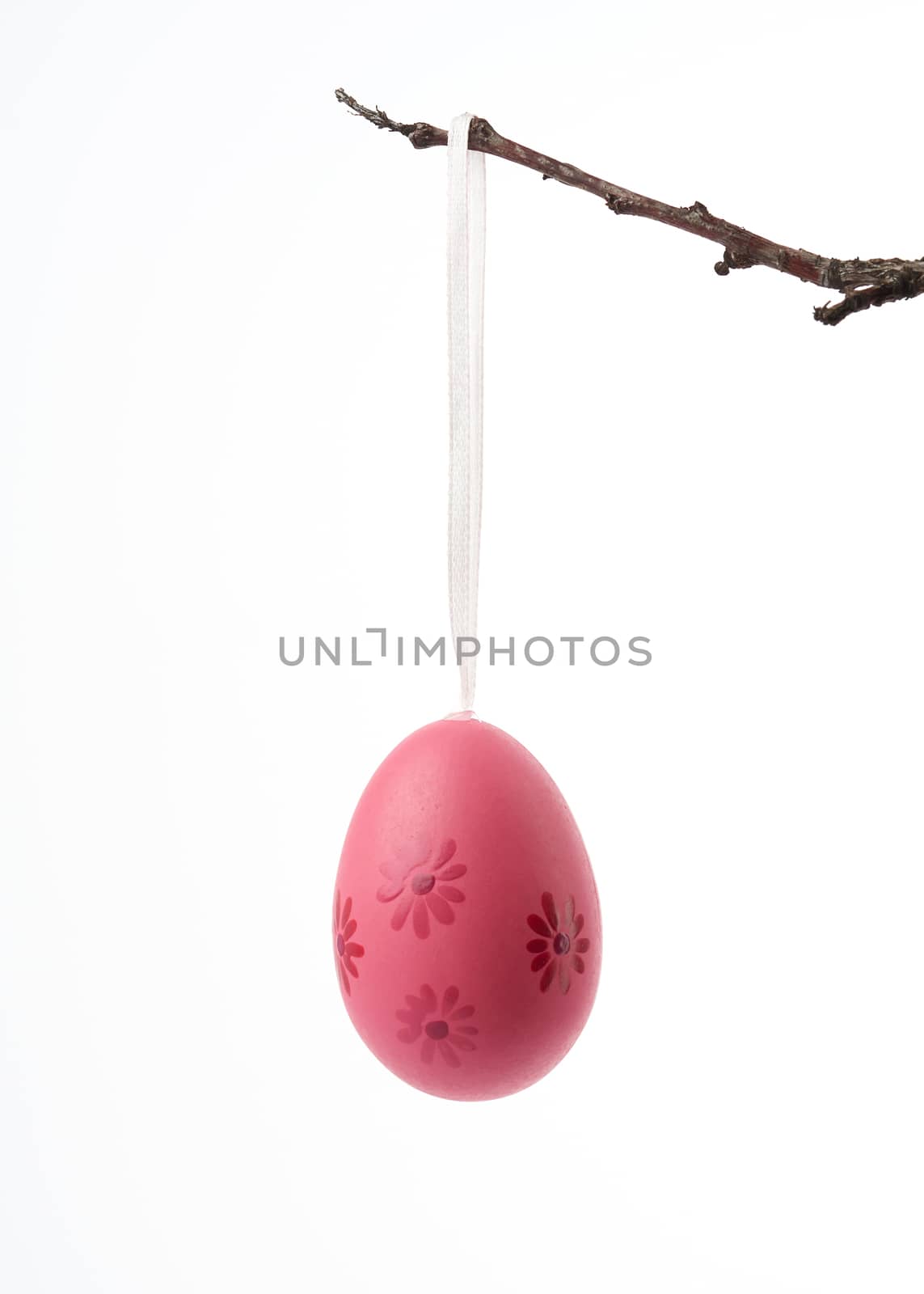 decorative plastic pink easter egg hanging on a branch, decor on a white background