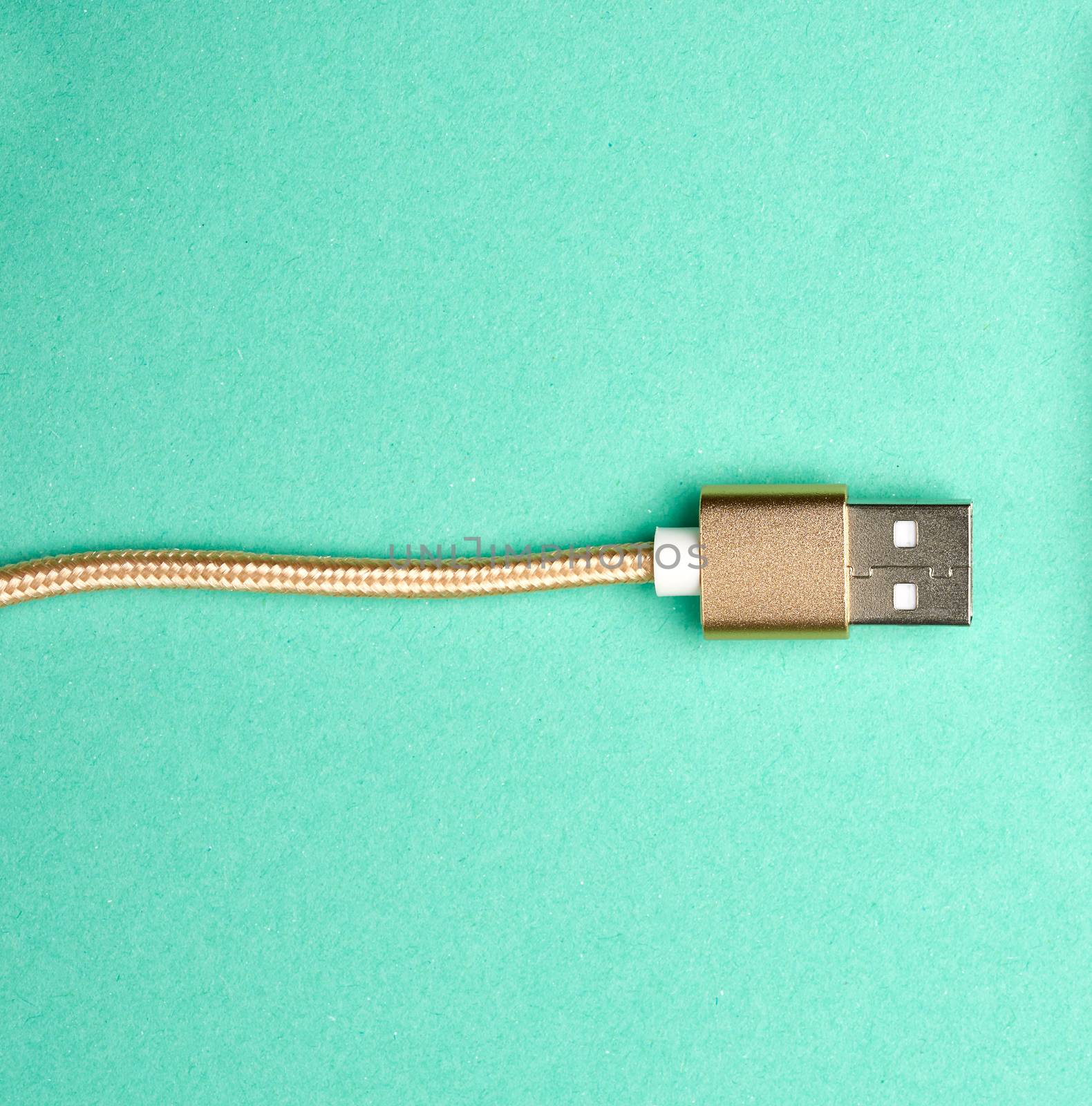 golden cord with usb connector for charging and turning on electronic devices on a green background, top view