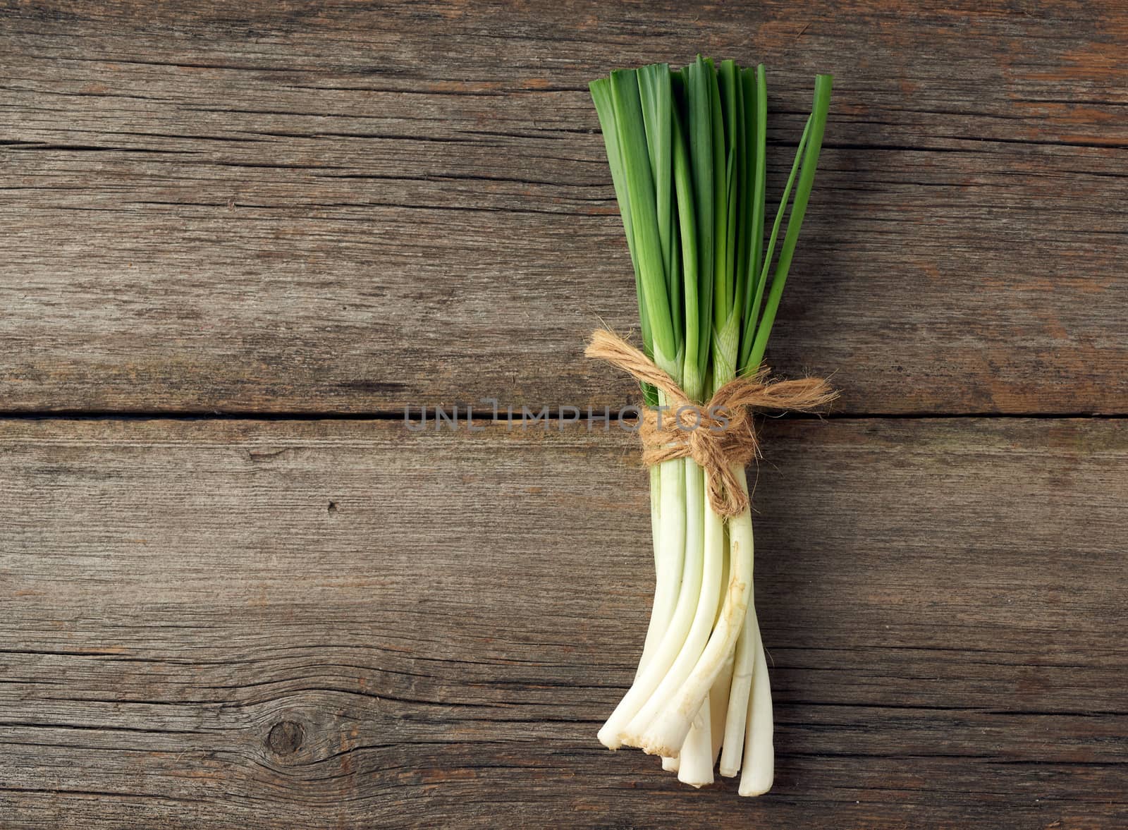 fresh green onion leaves tied with a rope in a bunch on a gray wooden background, top view