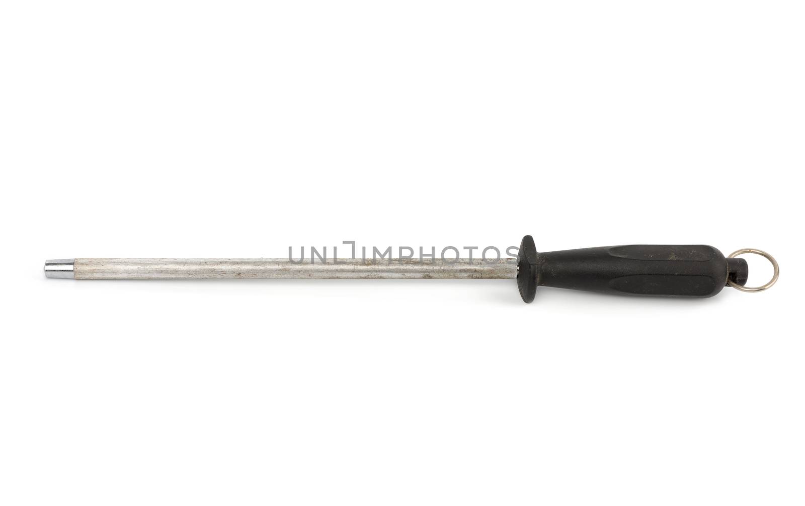 vintage metal sharpener for kitchen knives with a plastic black handle isolated on white background
