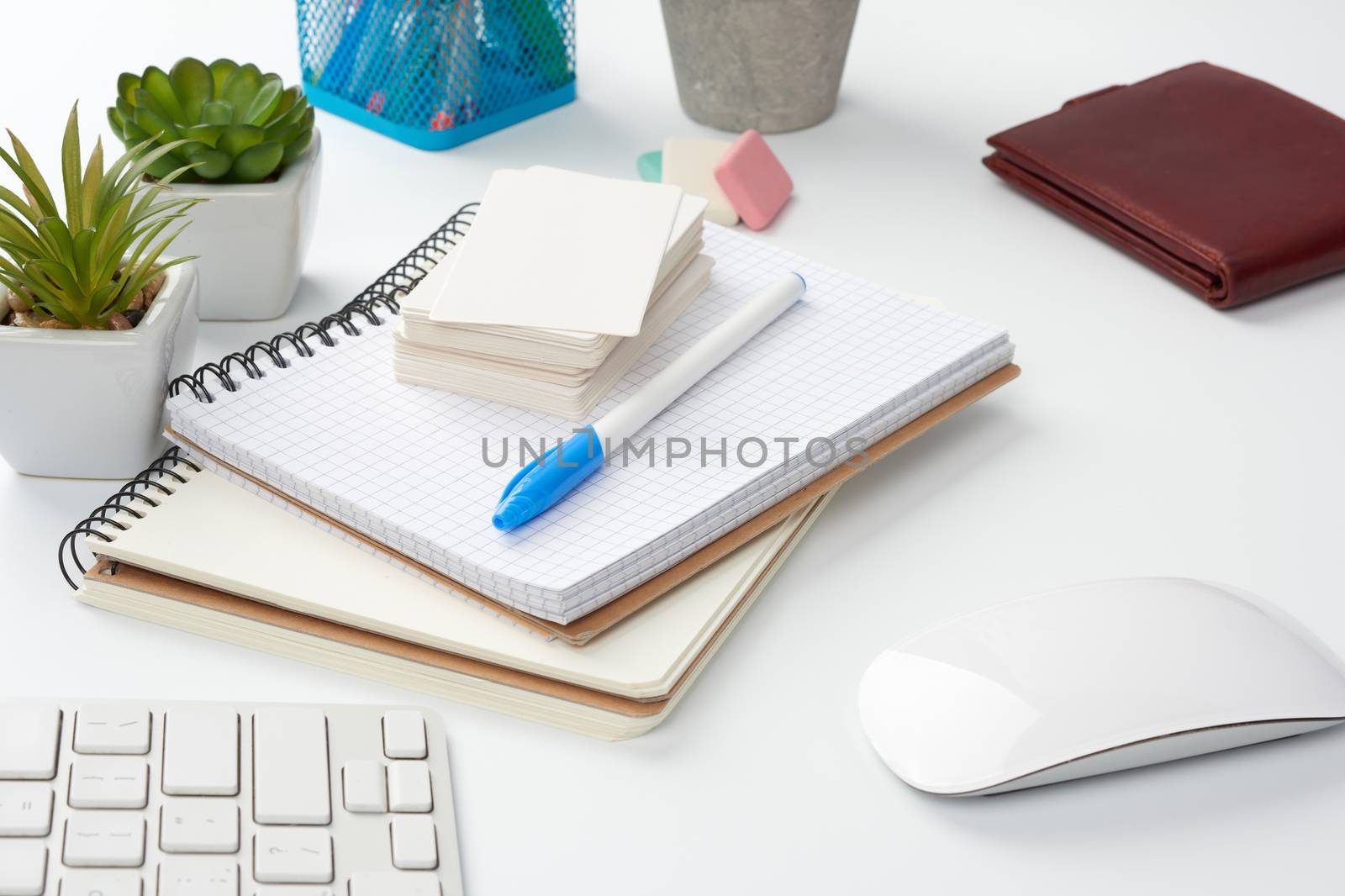 stack of notebooks, green plants in pots and a mouse, workplace of a freelancer, businessman. White table