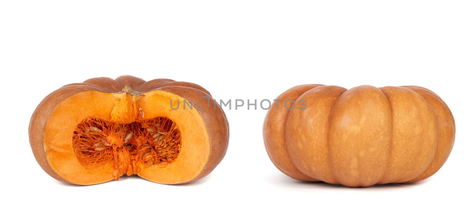 big orange whole pumpkin isolated on a white background and halved pumpkin with seeds, tasty and healthy vegetable, set