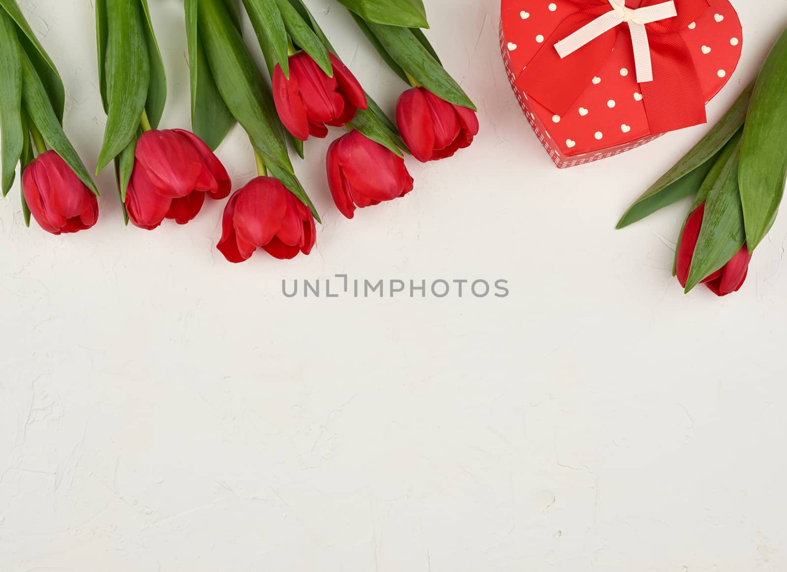 bouquet of red blooming tulips with green leaves, gift tied with a silk red ribbon on a white background, top view. Festive backdrop for birthday, Valentine's day