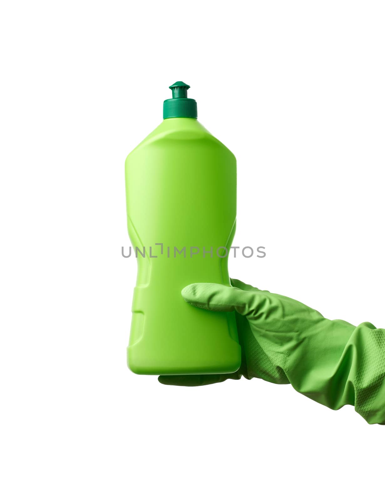 female hand in rubber gloves holds a green plastic bottle with detergent for washing dishes and things at home, item is isolated on a white background