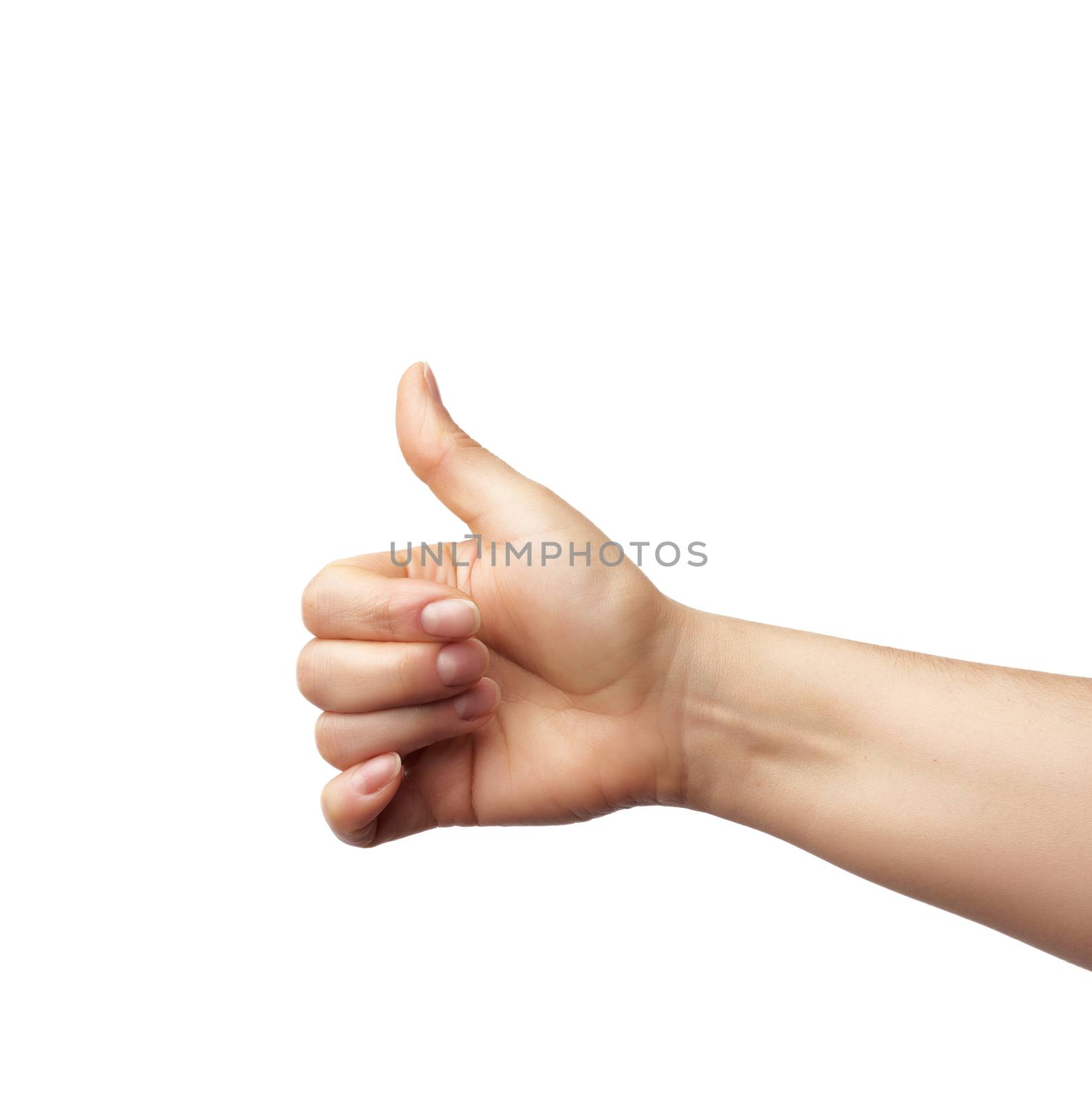 female hand shows right-handed gesture like on a white isolated background, concept of recommendation and approval