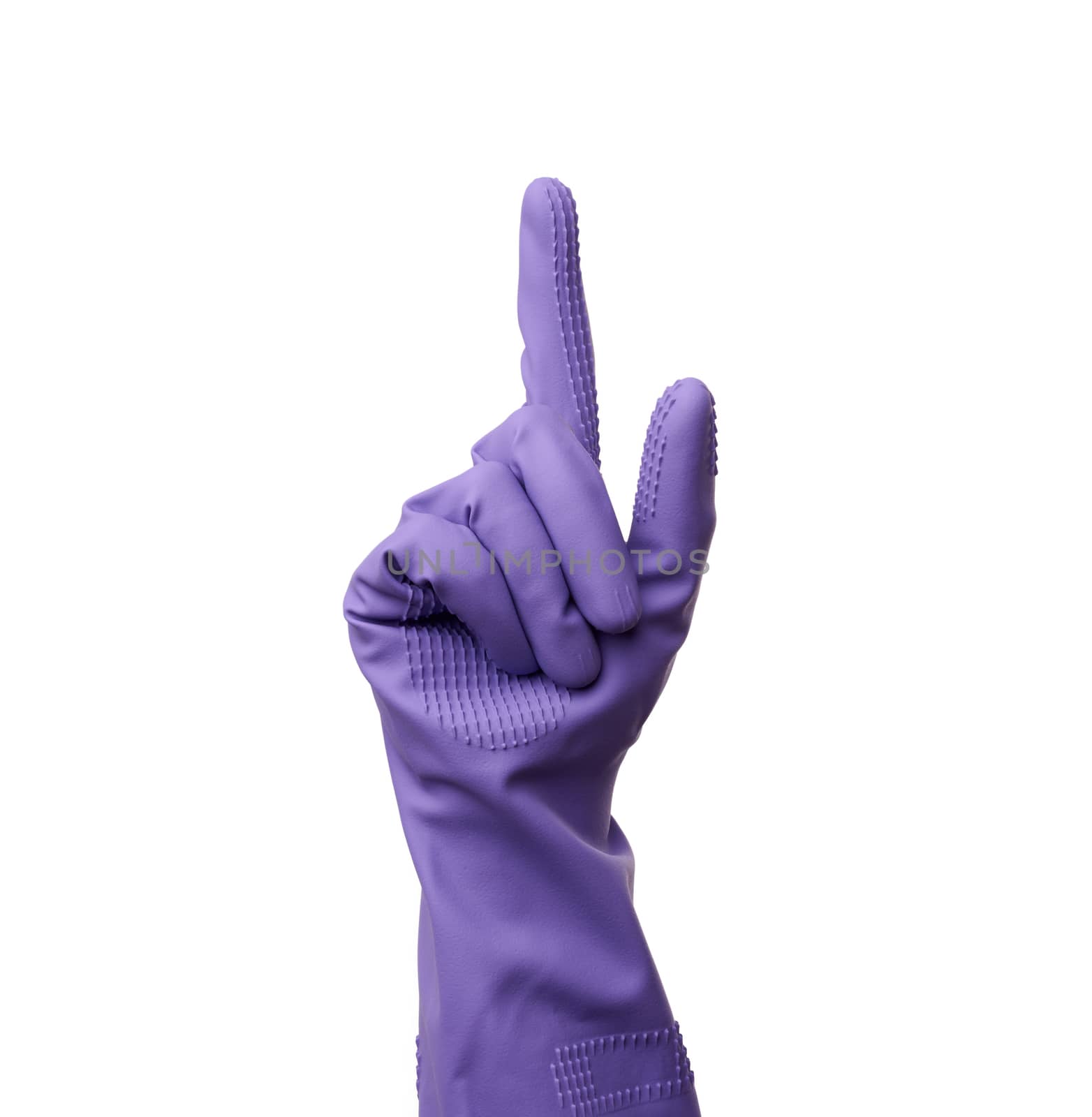 purple rubber glove for cleaning is dressed on the hand, protection of the hands from chemicals, index finger raised, isolated white background