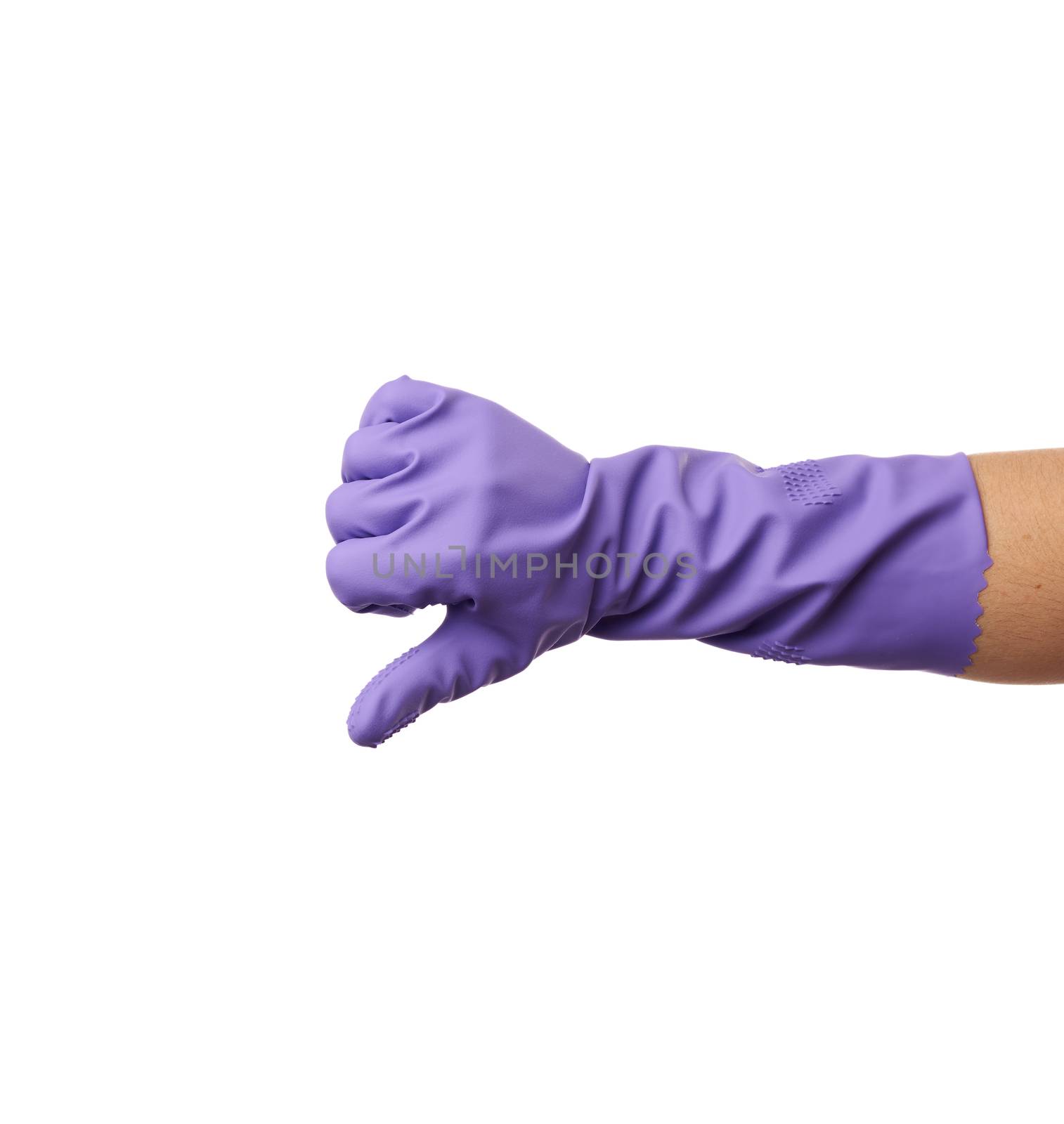 purple rubber glove for cleaning is dressed on the hand, protection of the hands from chemicals, isolated white background, dislike symbol