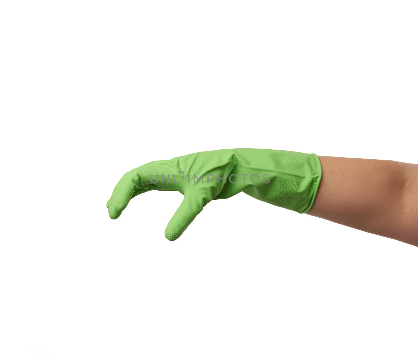 green rubber glove for cleaning is dressed on the hand, palm is open and conditionally holds the item