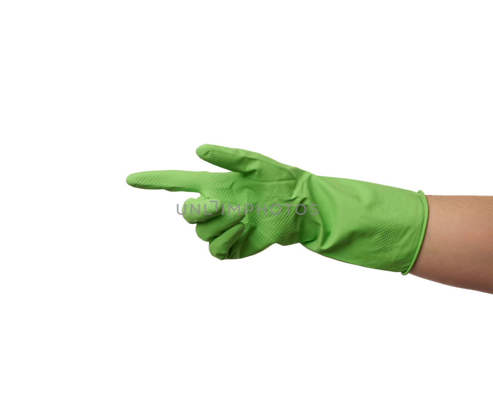 green rubber glove for cleaning is dressed on the hand, protection of the hands from chemicals, isolated white background