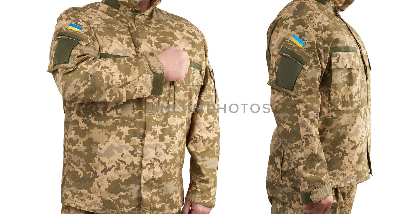 Ukrainian man warrior dressed in a military pixel uniform stands on a white background, soldier put a hand to his chest as a sign of respect, honor of the state symbol