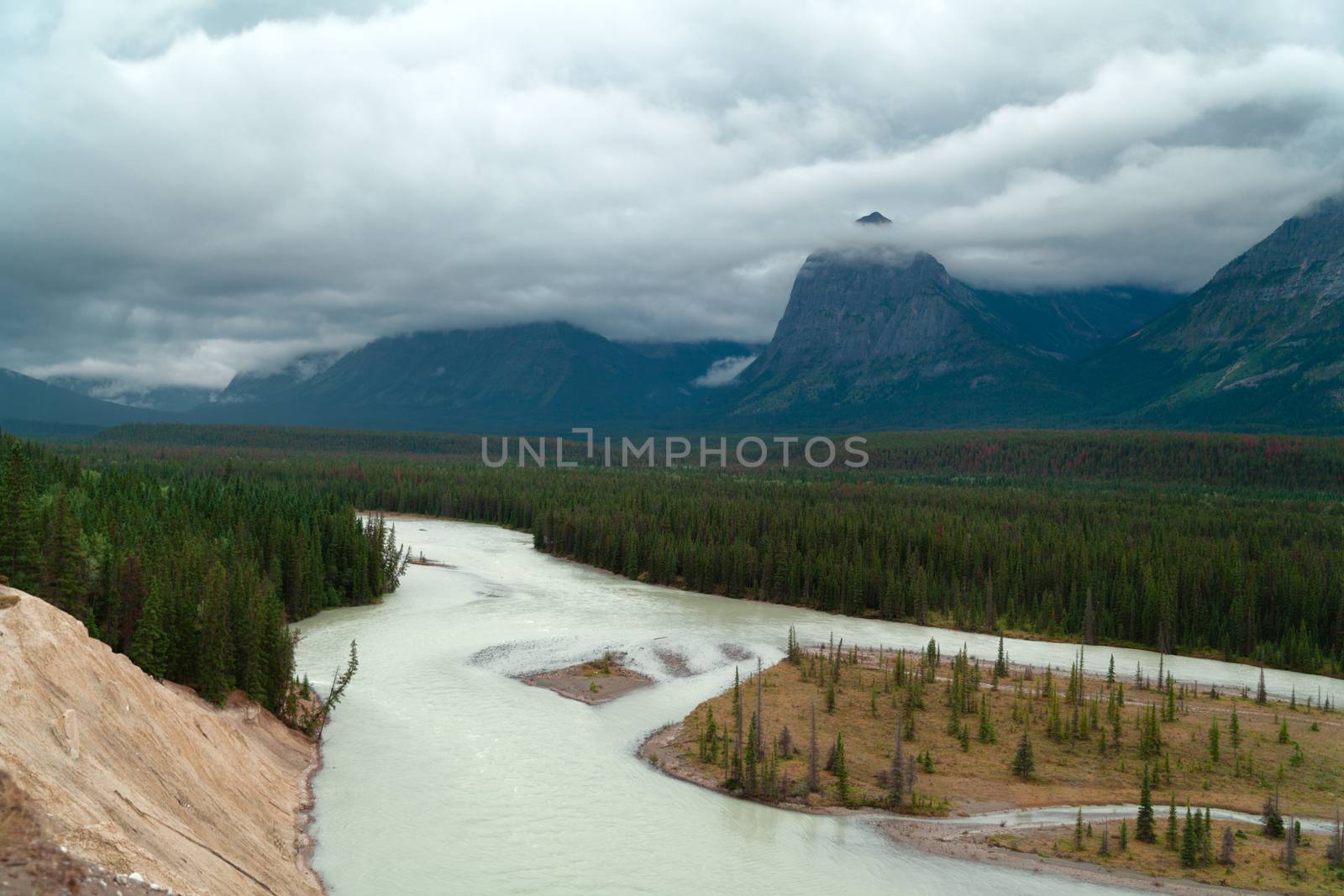 Athabasca River and mountains in the Hooker Icefield Range, including Brussels Peak, Mount Christie, Mount Fryatt, Canadian Rockies, Alberta, Canada
