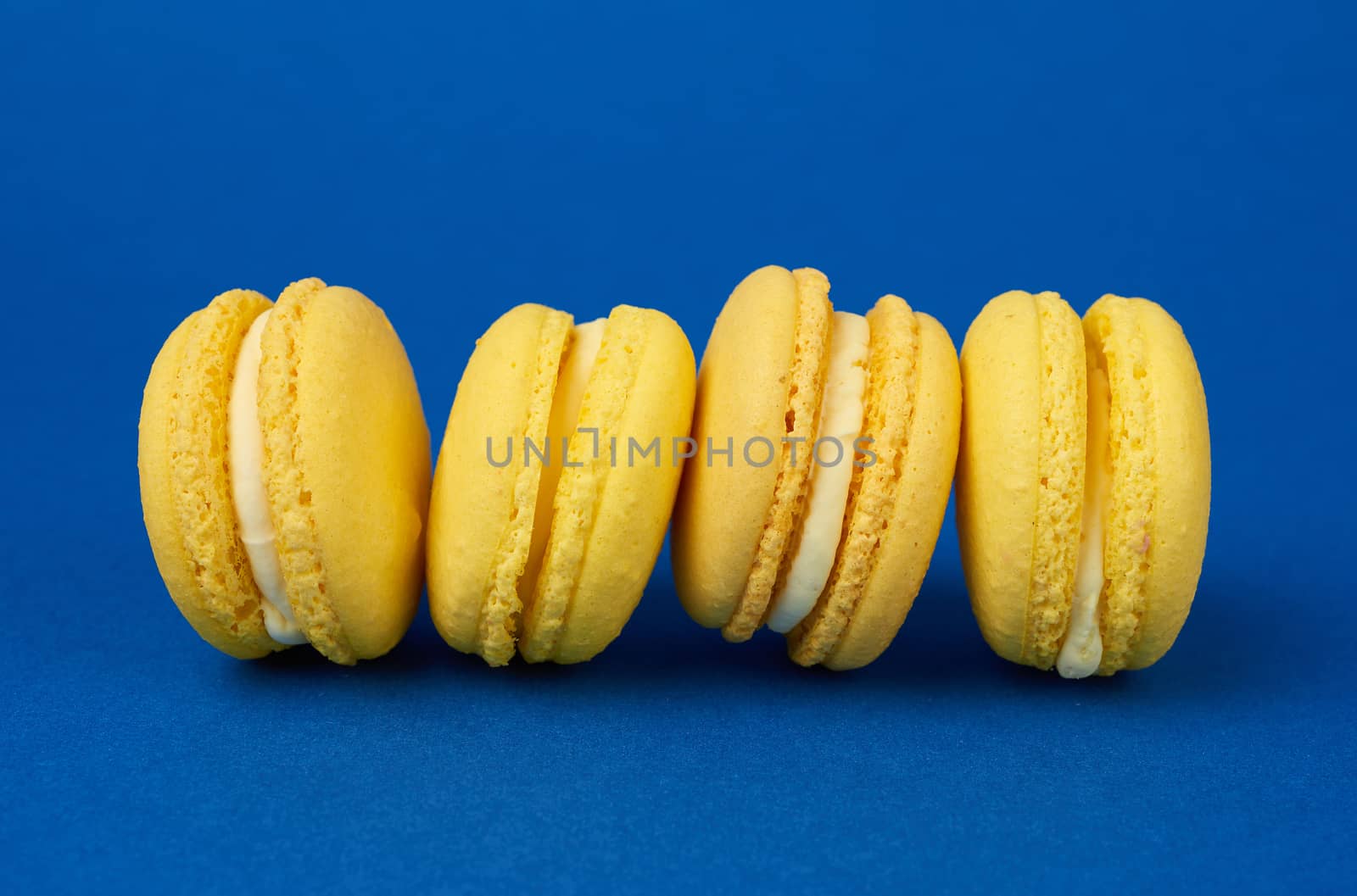 yellow lemon round baked macaroon cakes on a dark blue background, dessert stands in a row, close up