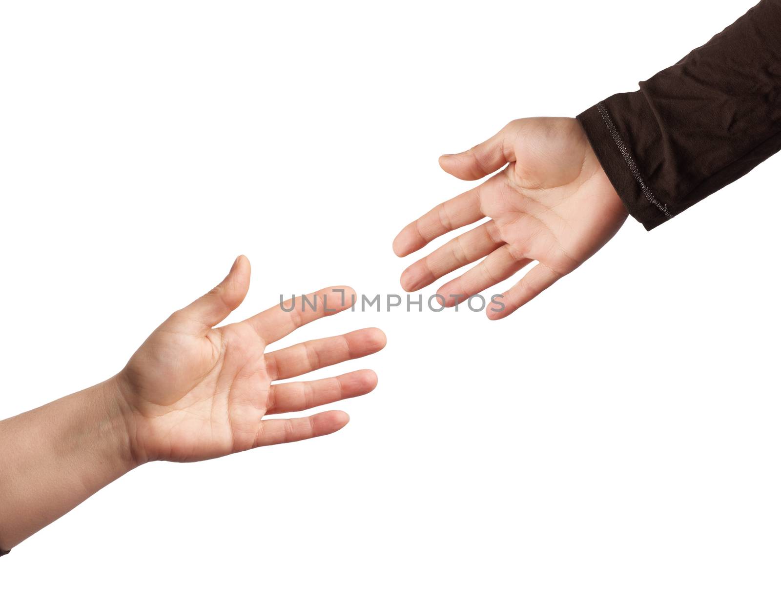 two hands reaching out to each other isolated on a white background, concept of help, friendship