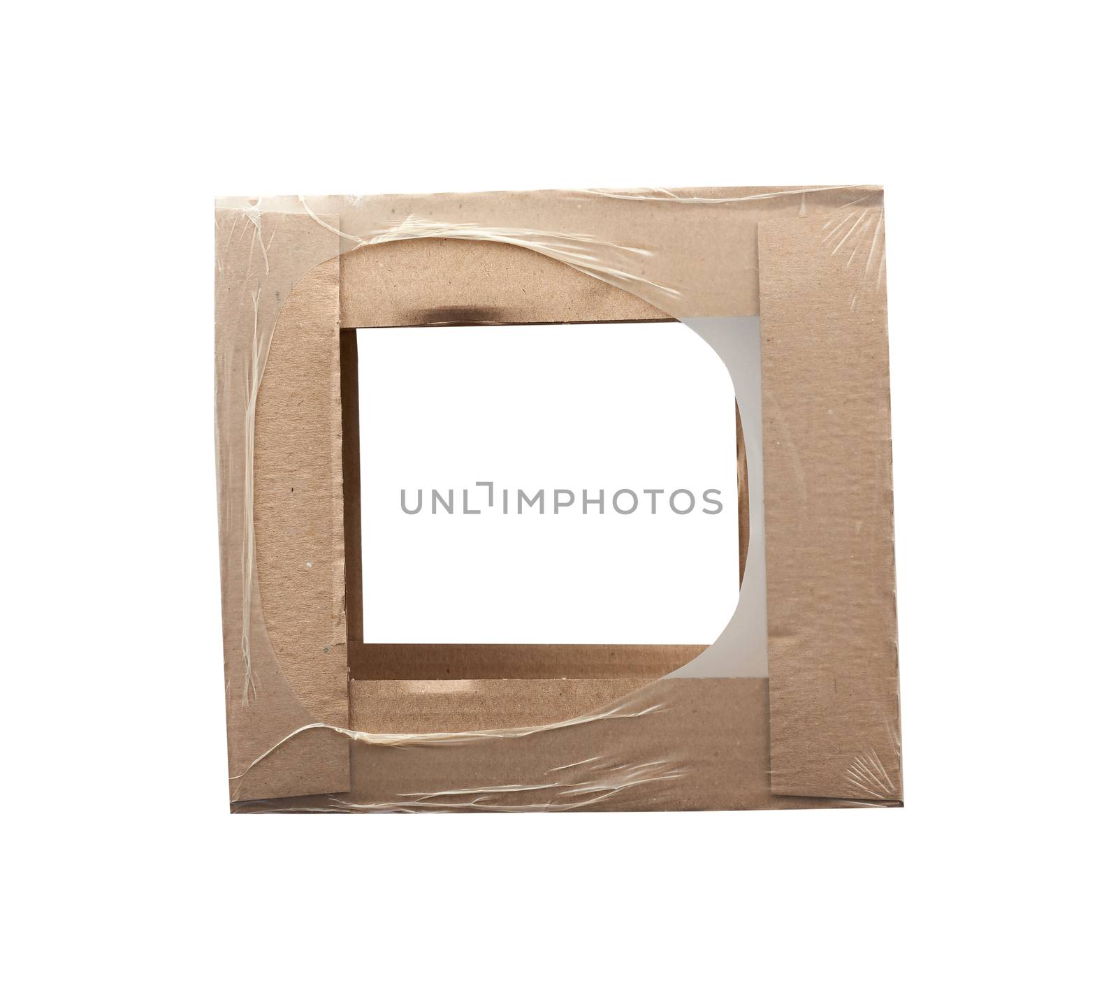rectangular box wrapped in transparent polyethylene, box for transporting bottles, side view, hole on the side