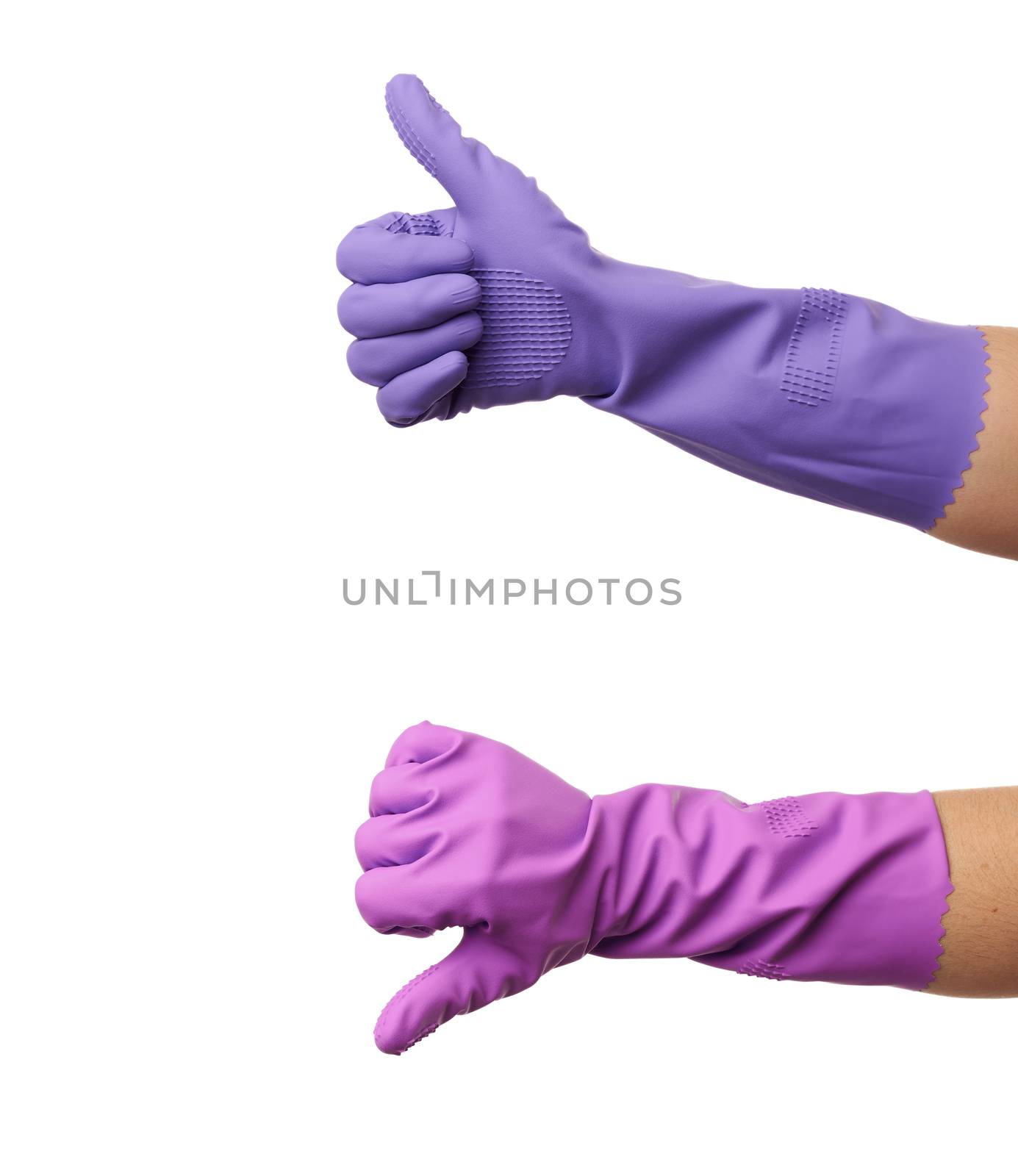 purple rubber glove for cleaning is dressed on the hand, protection of the hands from chemicals, isolated white background, like and dislike symbol