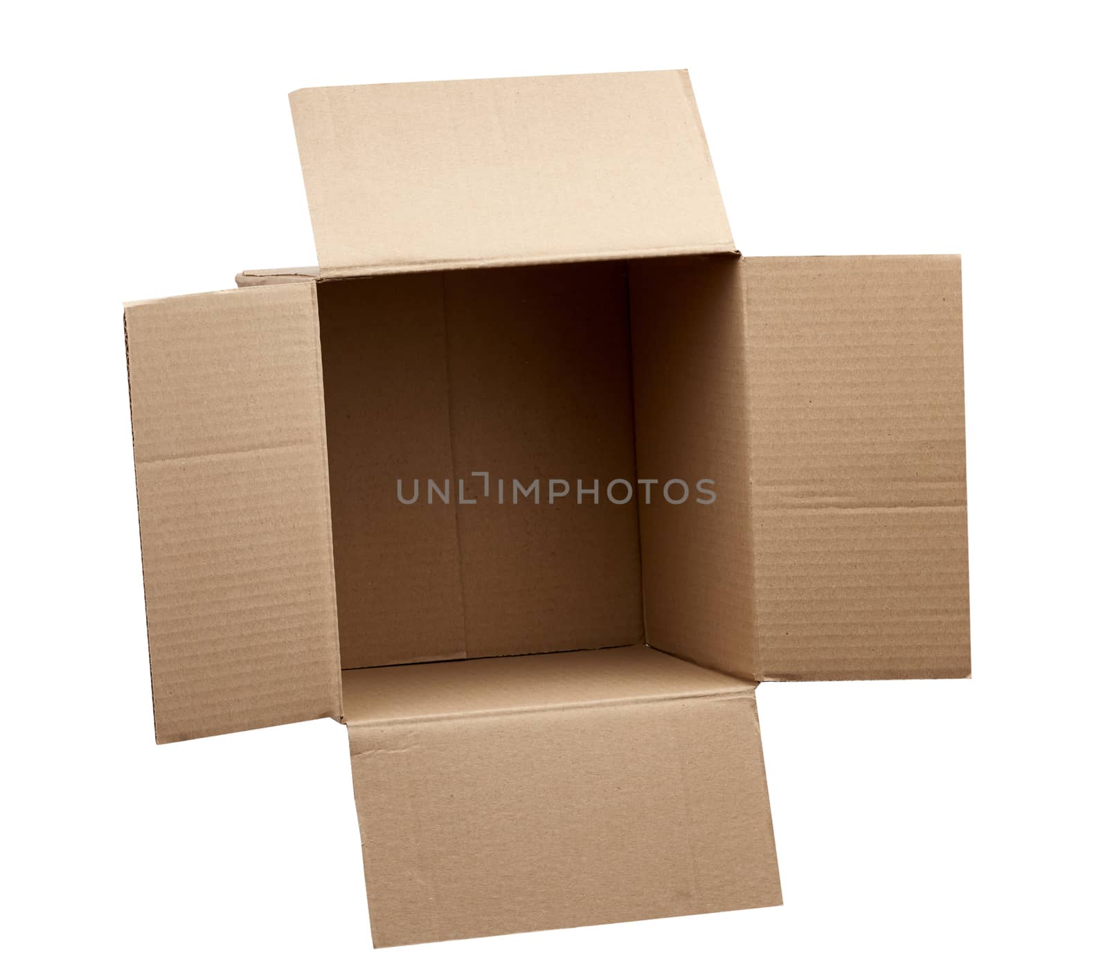 open empty brown square cardboard box for transporting goods isolated on white background, top view