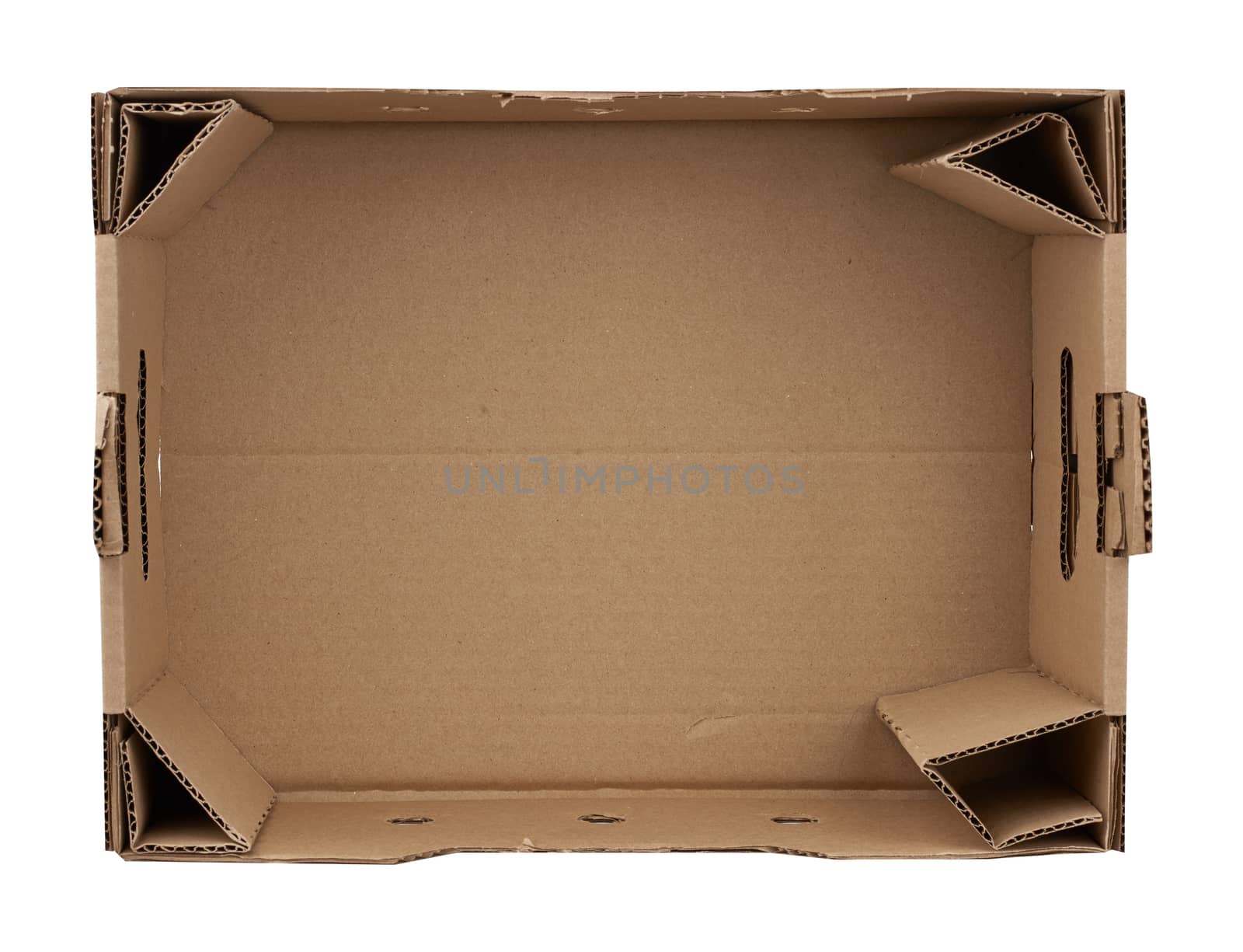 rectangular empty cardboard box of brown paper on a white background, box without a lid for vegetables and fruits in with holes