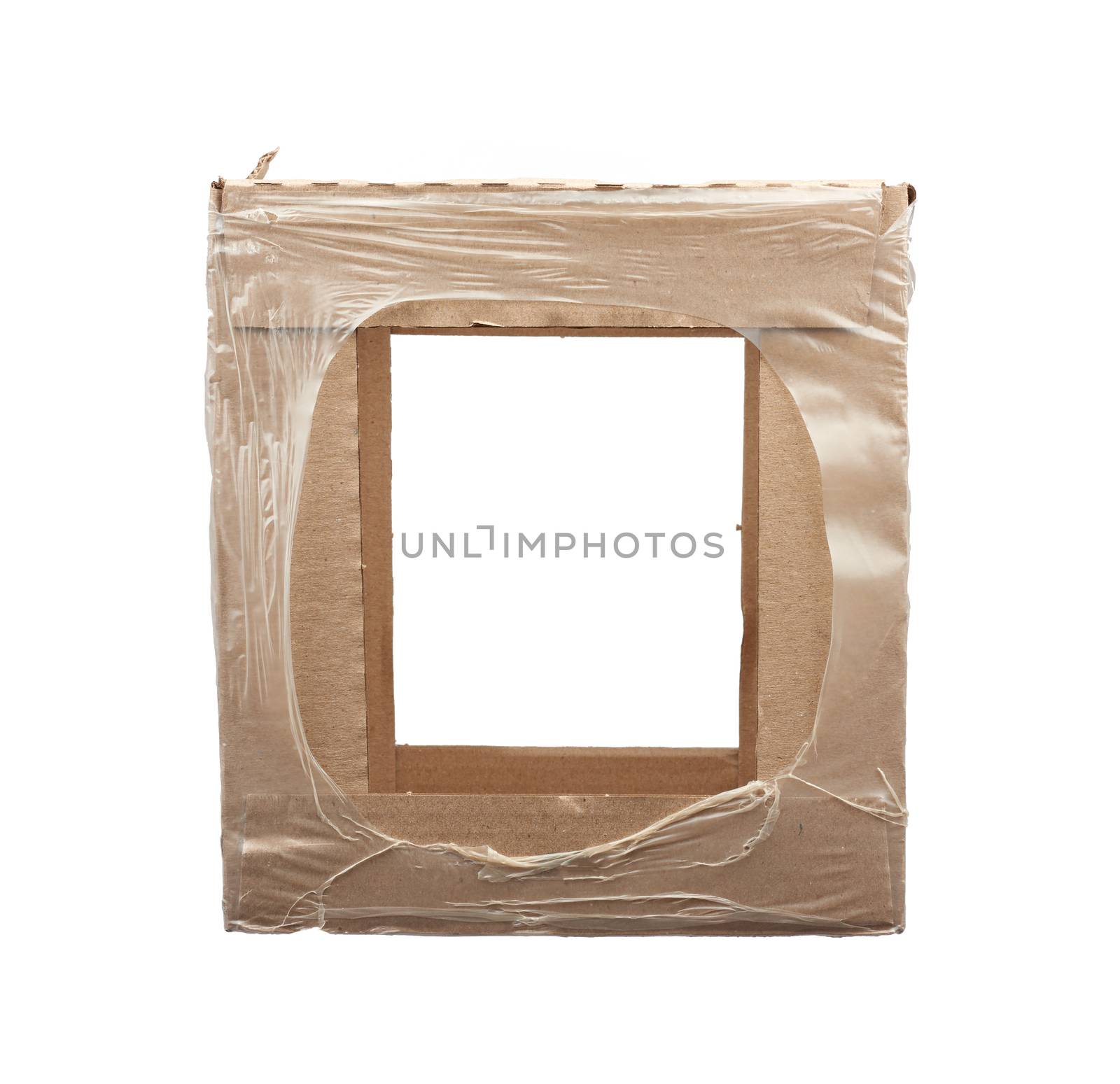rectangular box wrapped in transparent polyethylene, box for transporting bottles, side view, hole on the side
