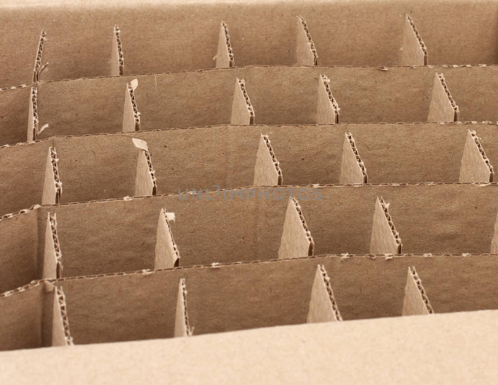 open empty cardboard box with partitions for transporting broken items of bottles and cans, close up