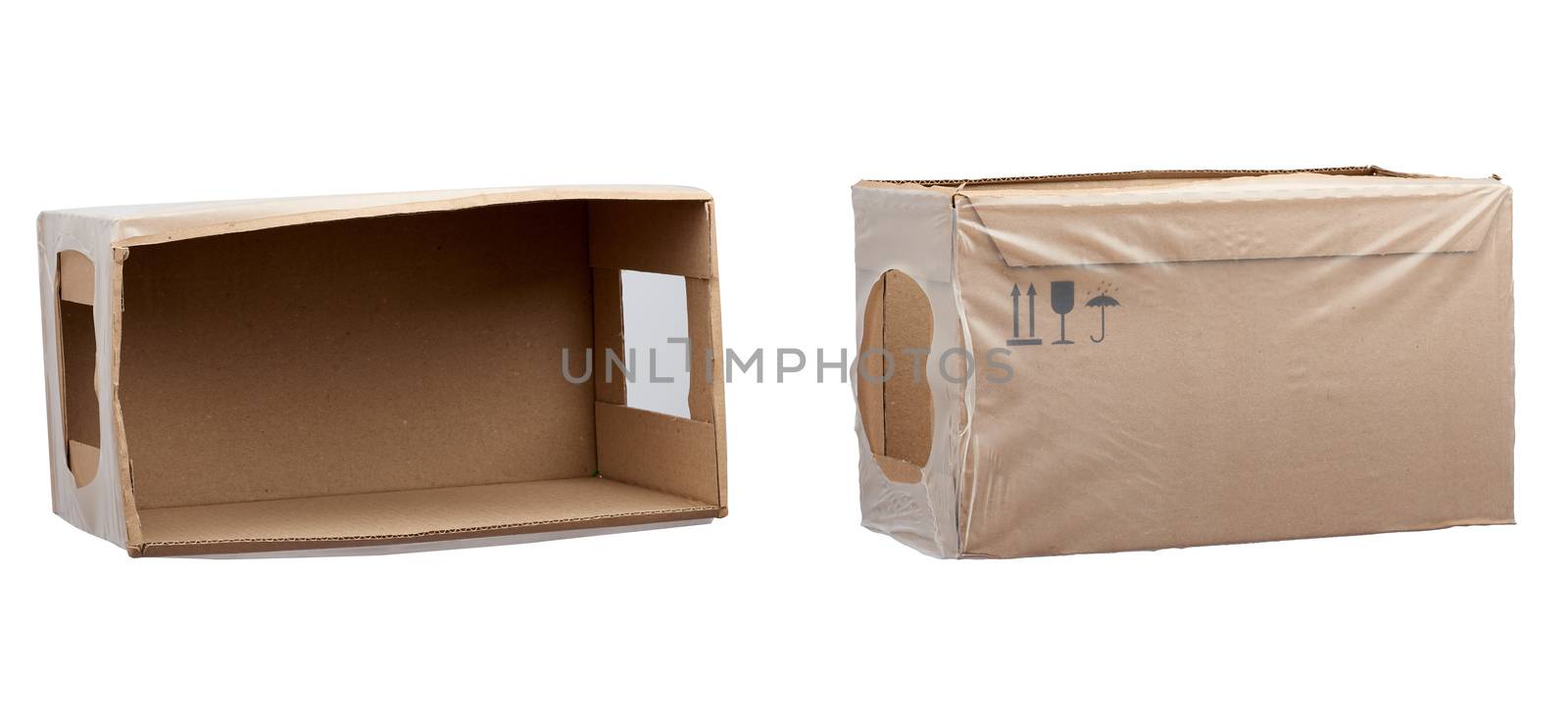empty rectangular box wrapped in transparent polyethylene, box for transporting bottles, side view