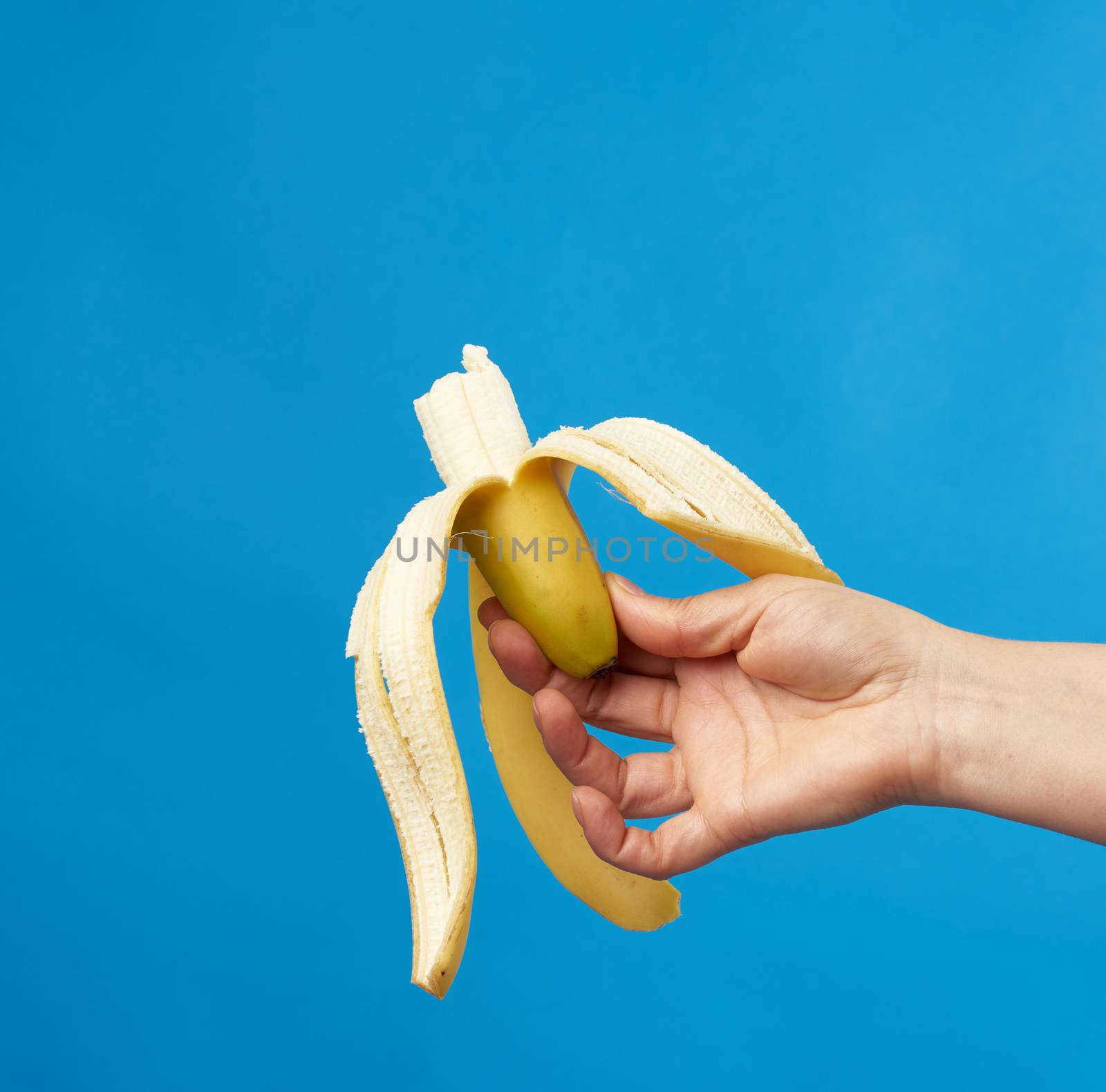 female hand holds a ripe peeled banana on a blue background, close up