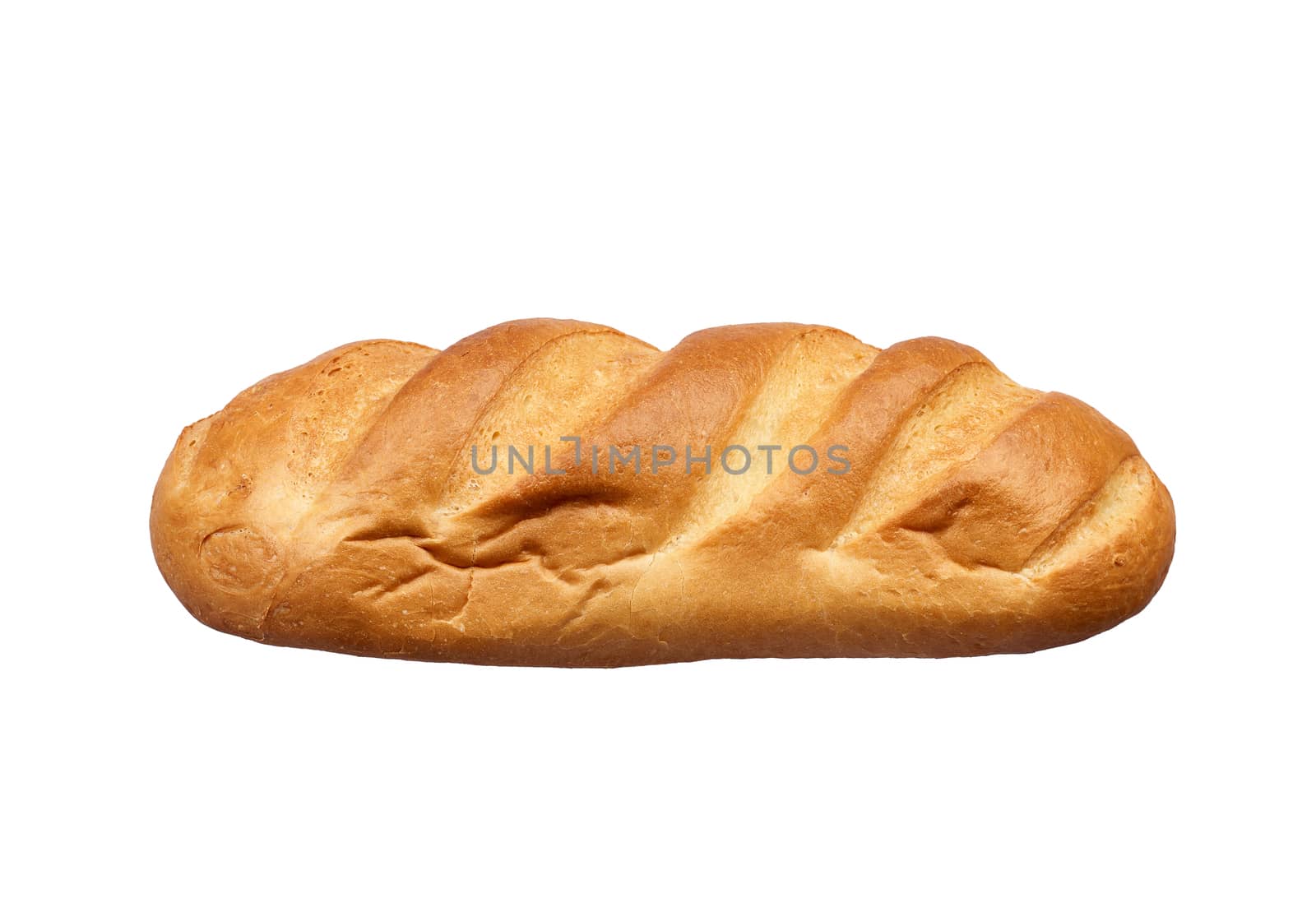 oblong baked loaf of bread made from white wheat flour isolated on a white background. long loaf
