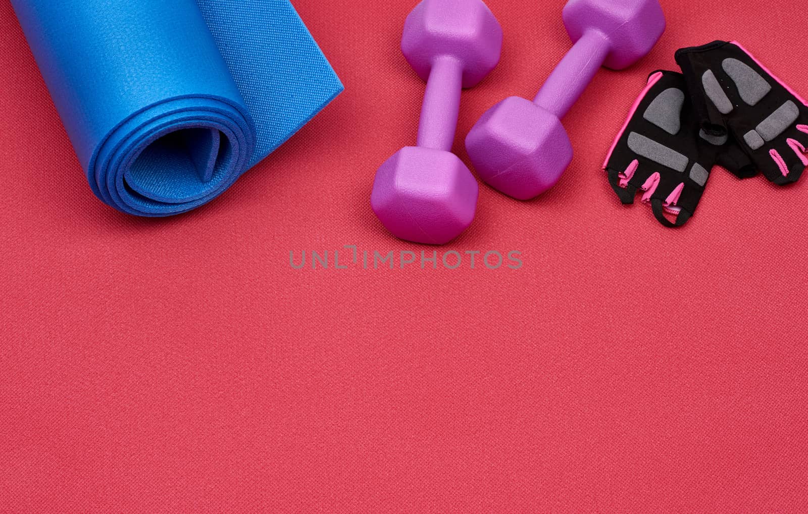 pair of purple plastic dumbbell, gloves and a blue sports mat on a red background, top view, place for an inscription