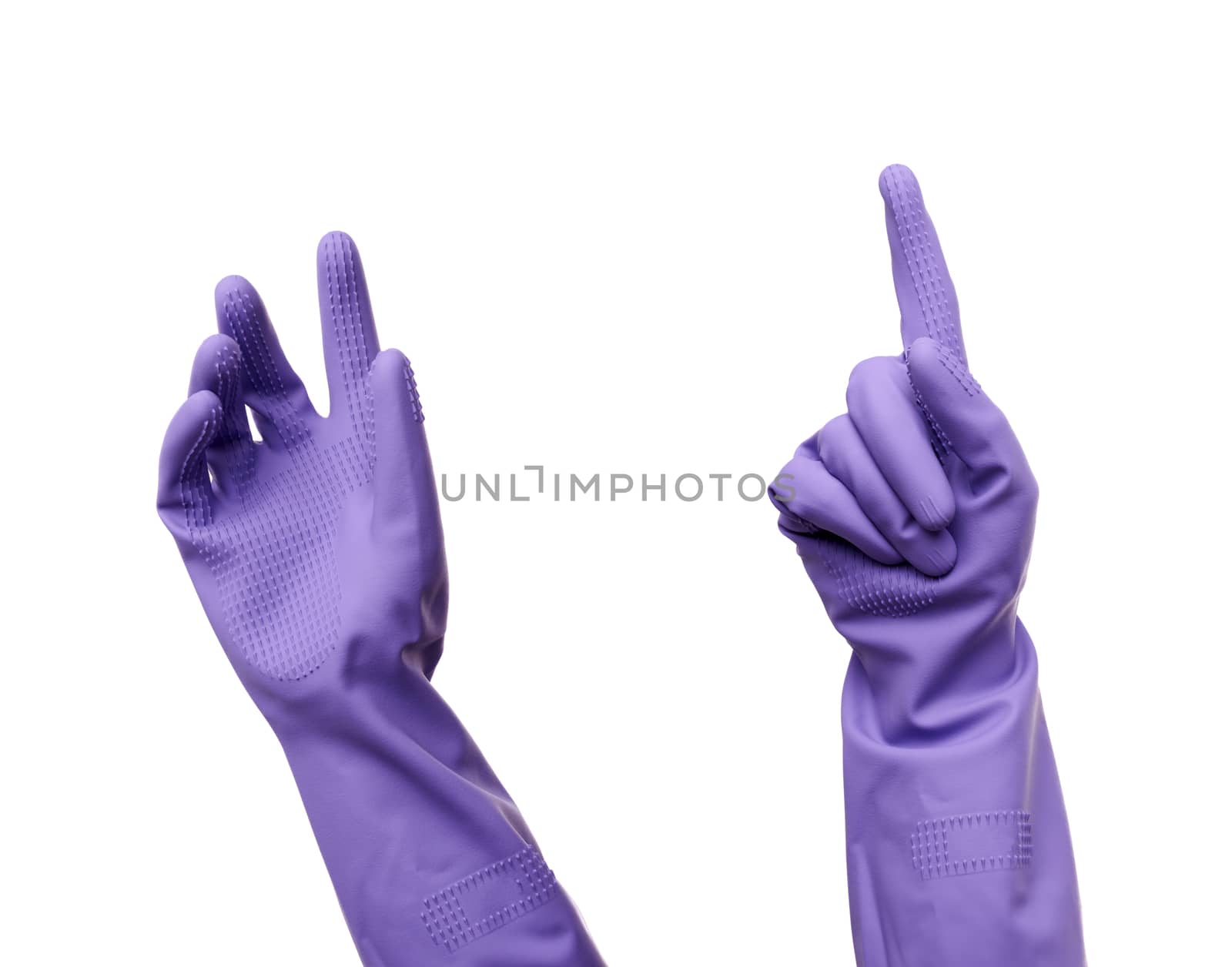 purple rubber glove for cleaning is dressed on his hand, his palm is open and conditionally holds an object, set