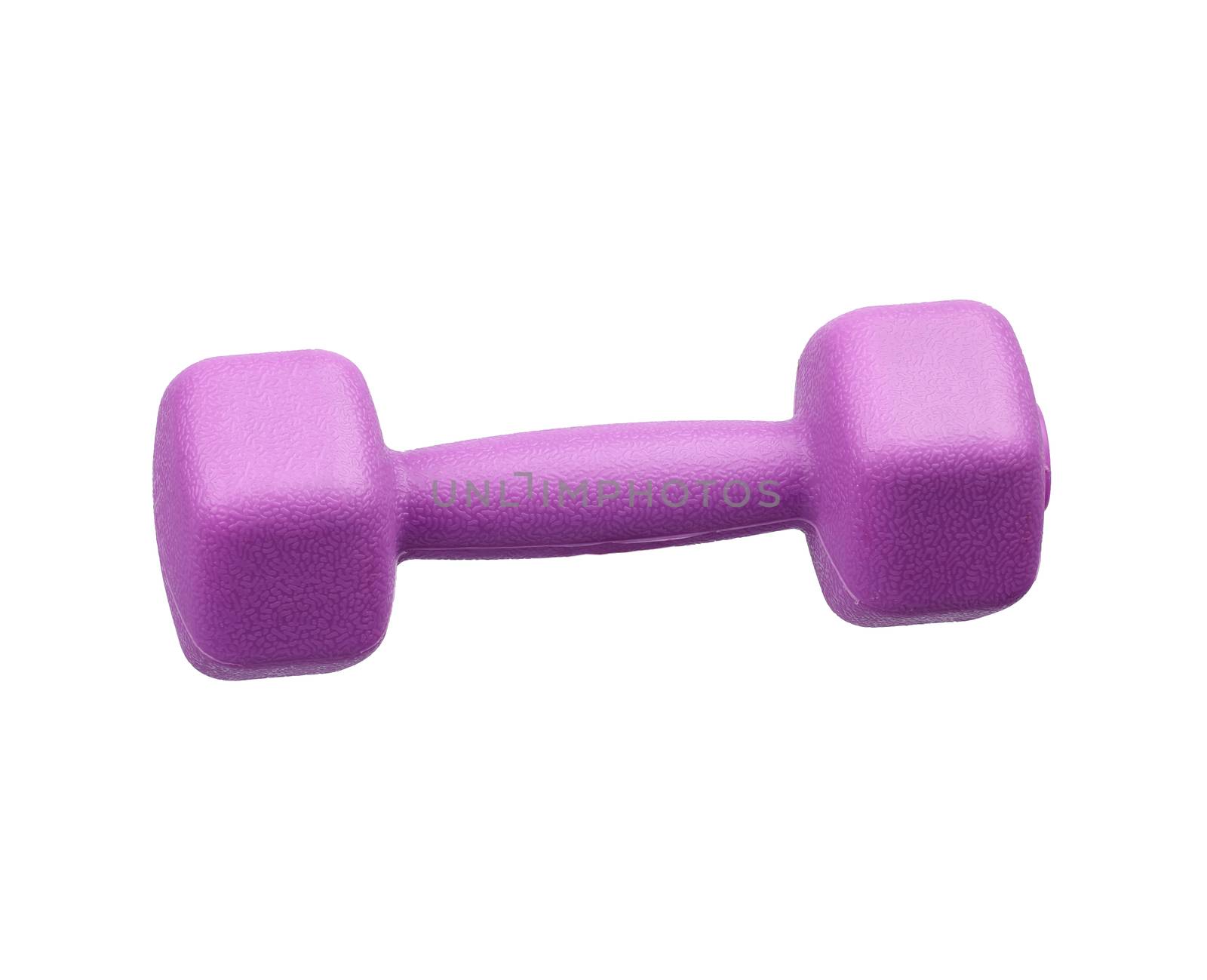 purple plastic dumbbell for sports isolated on white background, close up. Weightlifting equipment. Fitness training. Healthy lifestyle